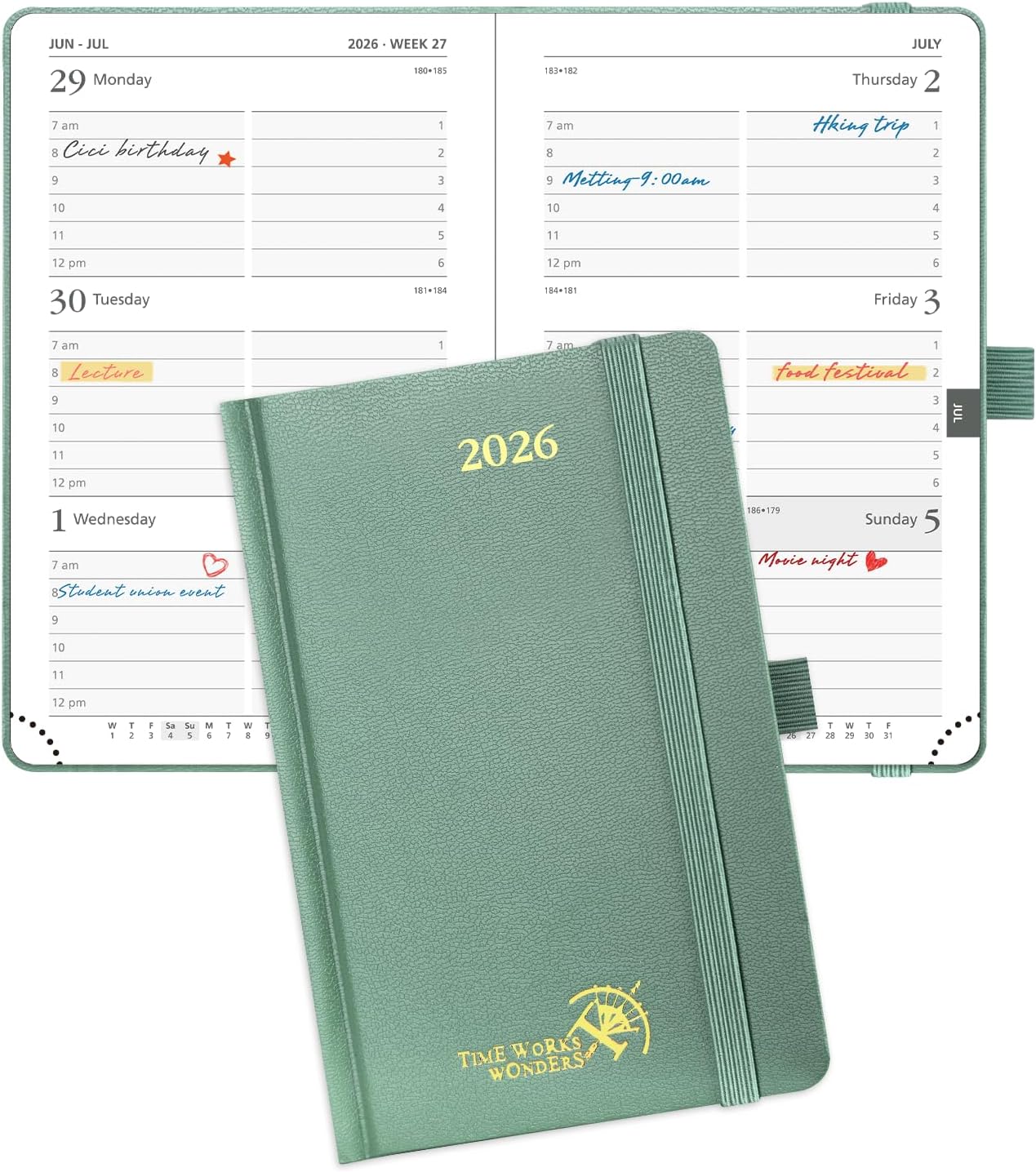 POPRUN 2026 Planner (Pocket Size 4''x 6.25'' Hardcover) - Small Calendar for Purse with Hourly Schedule & Vertical Weekly Layout, Monthly Calendars, 100 GSM - Midnight Green