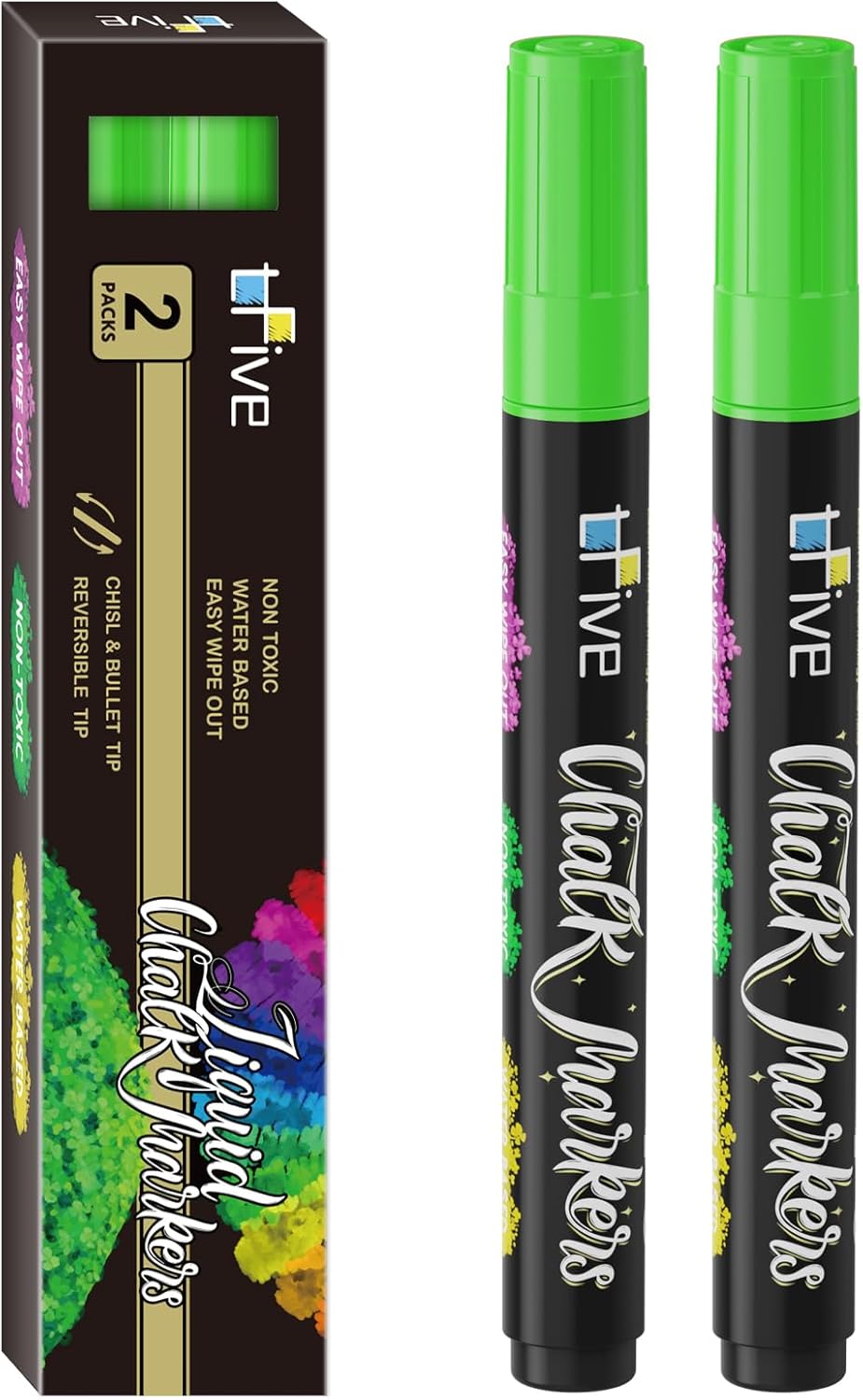 TFIVE Green Liquid Chalk Markers - 2 Pack Bright Colors Erasable Chalk Marker Pens, Reversible Tip, Non-Toxic, for Chalkboards, Signs, Glass, Easy to use Chalk markers TF800