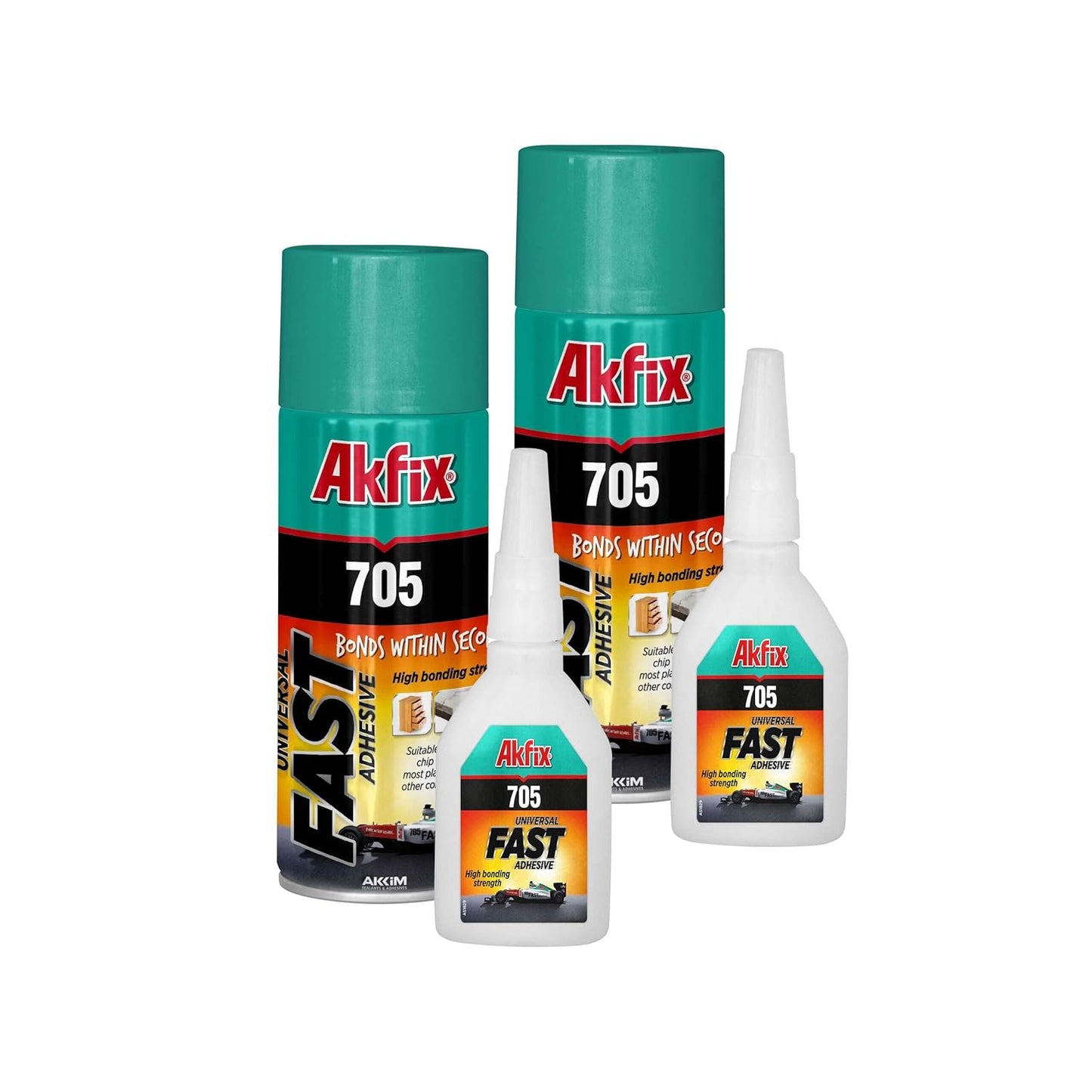 Akfix 705 Super CA Glue (2 X 0.7oz) with Spray Activator (2 X 3.38 floz) and 0.7 oz Thin CA. Wood, Metal, Plastic, Leather, Crafts. Clear CA Glues
