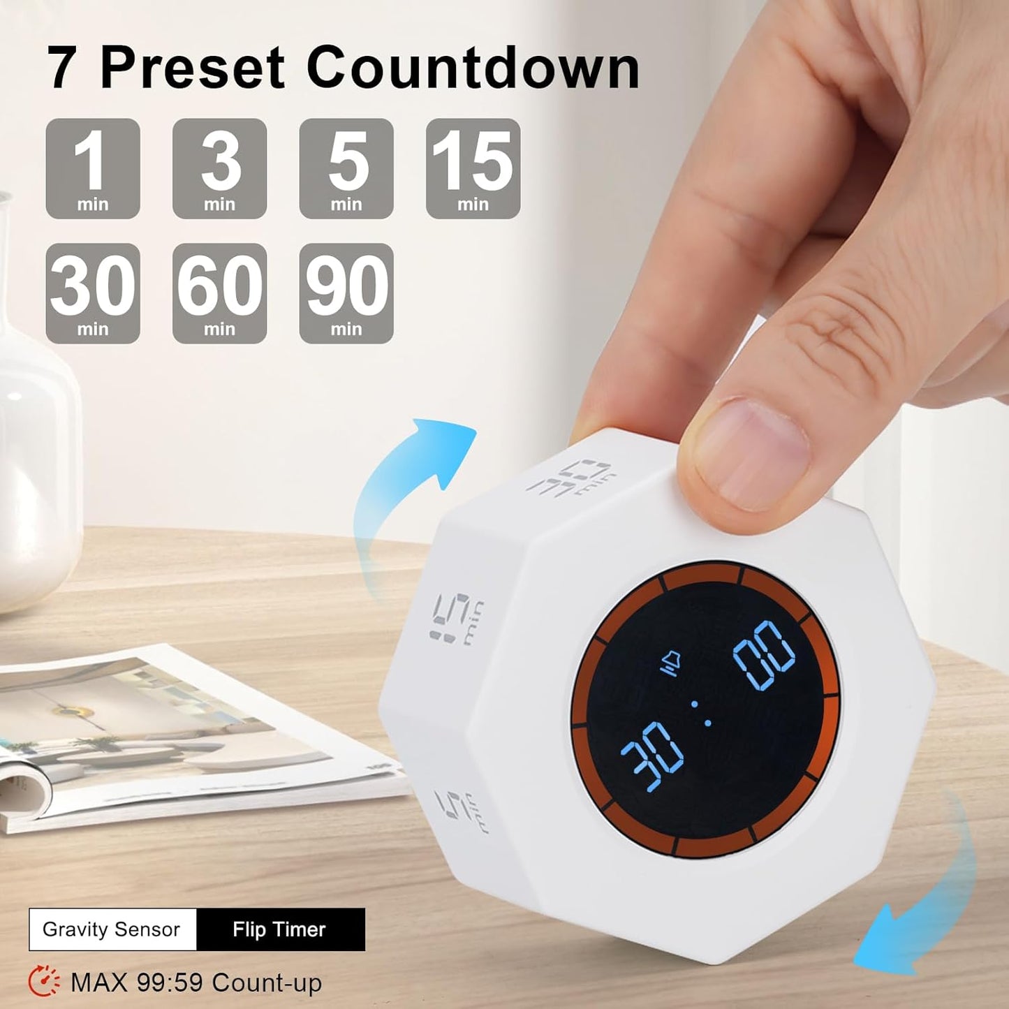 Rechargeable Pomodoro Timer, 8-Angle Auto-Rotating Screen with Gravity Sensor, Digital Timers for Classroom, Small Kitchen Timers for Cooking, Work and Study (Pearl White)