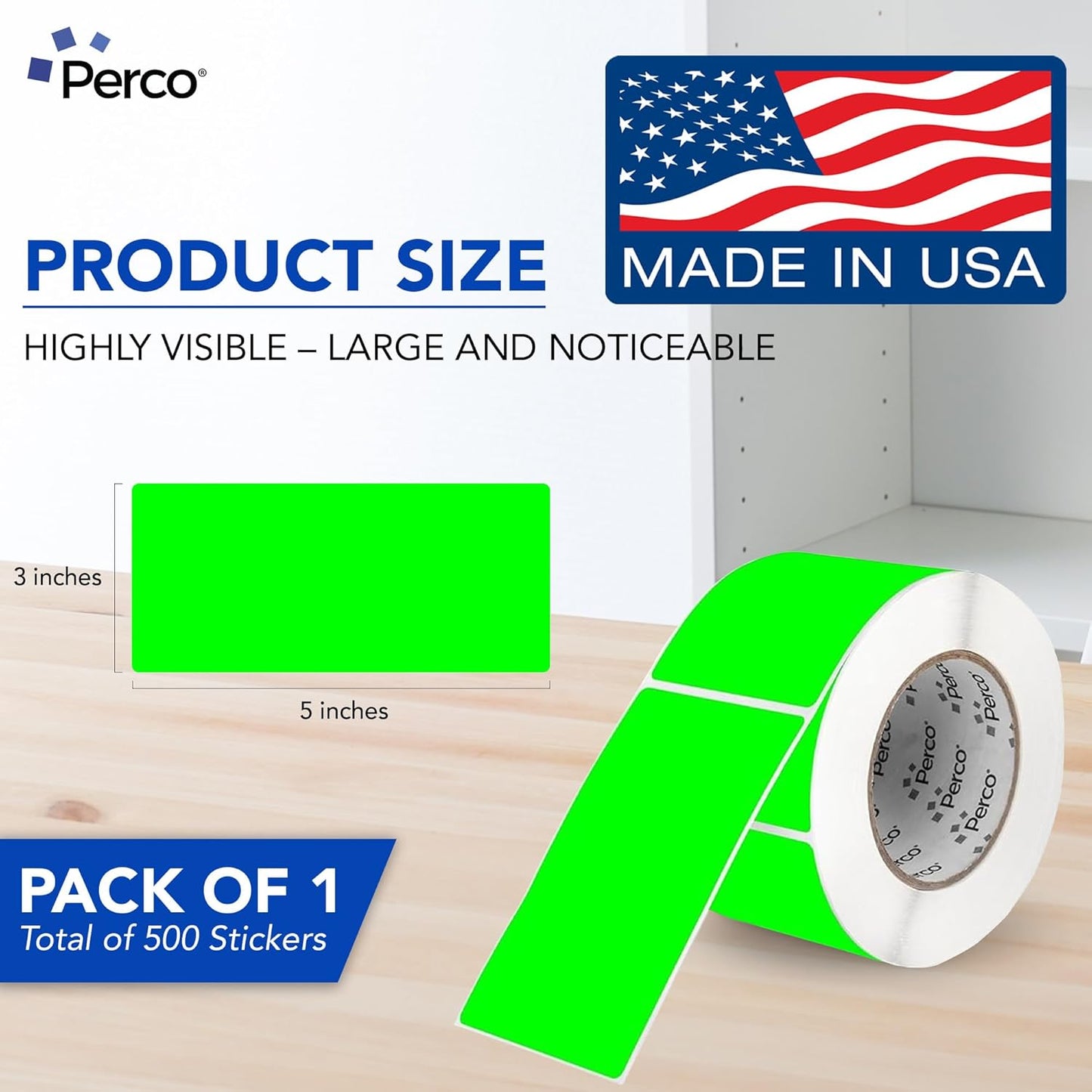 Perco Fluorescent Green Labels 3x5 Inch 500 Stickers/Roll with Easy Peel Perforation and Strong Adhesion for Inventory Management, Color Coding, Moving Boxes, Retail, Organizing & Crafts – Made in USA