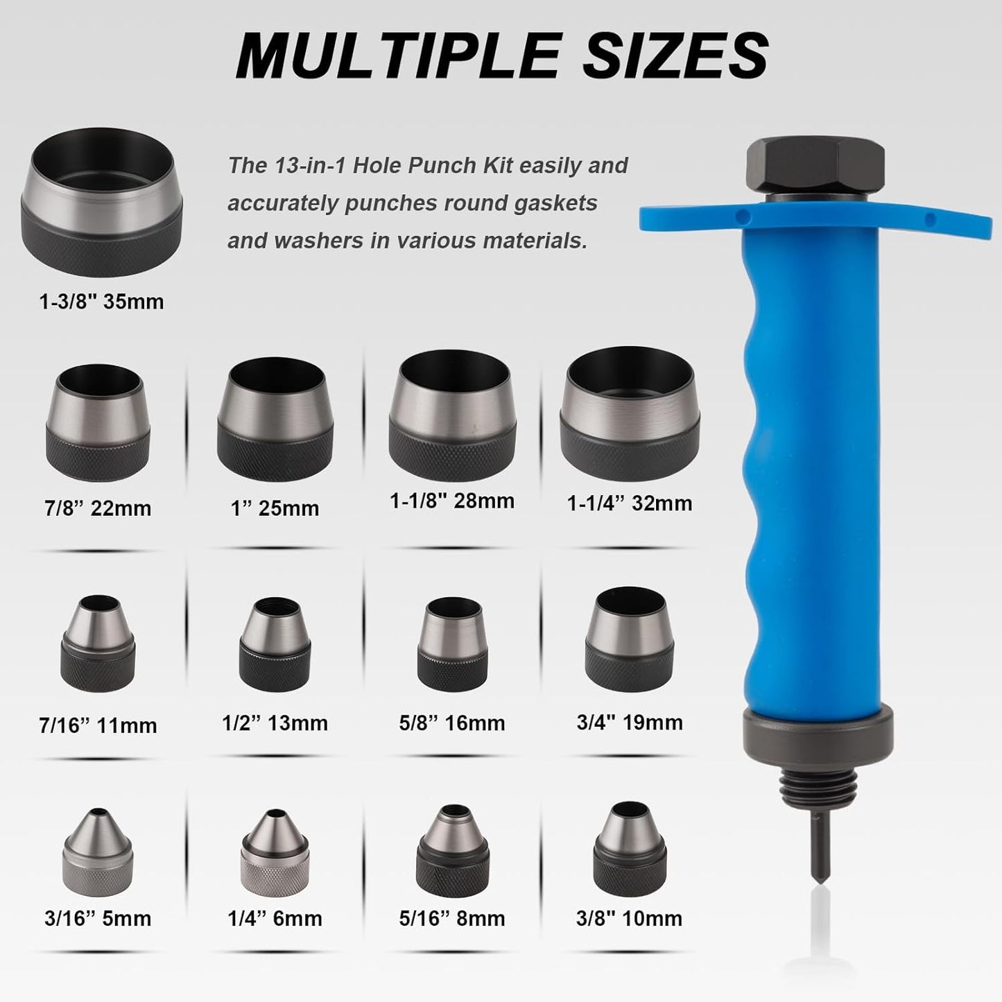 Hollow Punch Set, 14pcs Premium Leather Hole Punch Kit with Pin Point Punch Shaft, Gasket Cutting Puncher for Leather, Rubber & Plastic, 3/16" to 1-3/8"