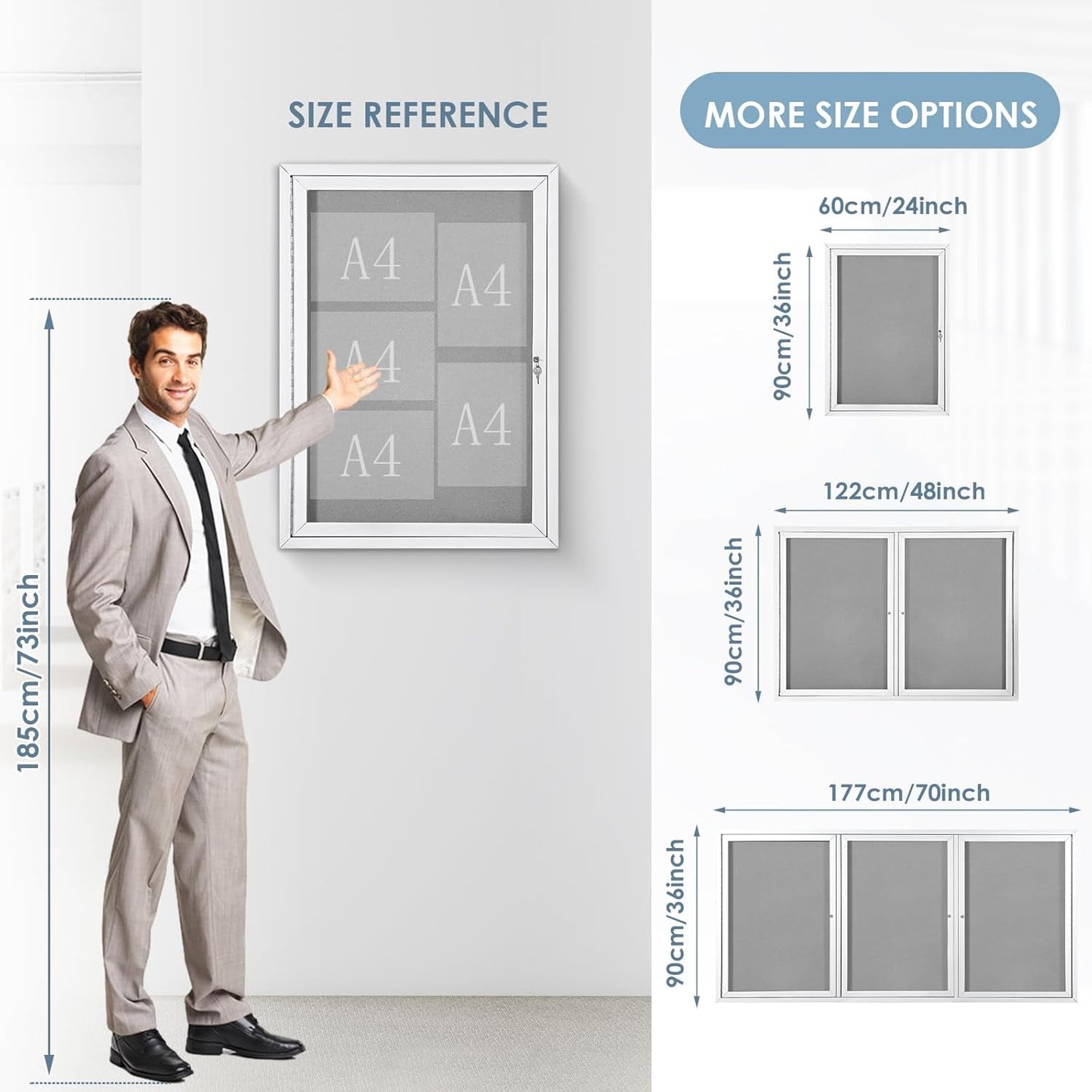 Outdoor Bulletin Board Weatherproof 36x24 in,Enclosed Bulletin Board with Locking Door, Wall Display Case for Office School Home Commercial, Silver Aluminum Frame, Gery Felt