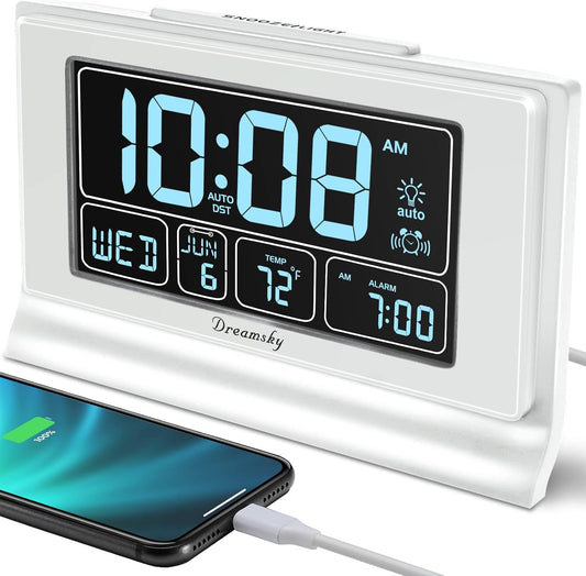 DreamSky Alarm Clocks for Bedrooms with Battery Backup, Auto Set Digital Clock with Date and Day of Week, 5 Inch Large Display with Weekday Temperature, USB Ports, Auto DST, Brightness Dimmer, 12/24H