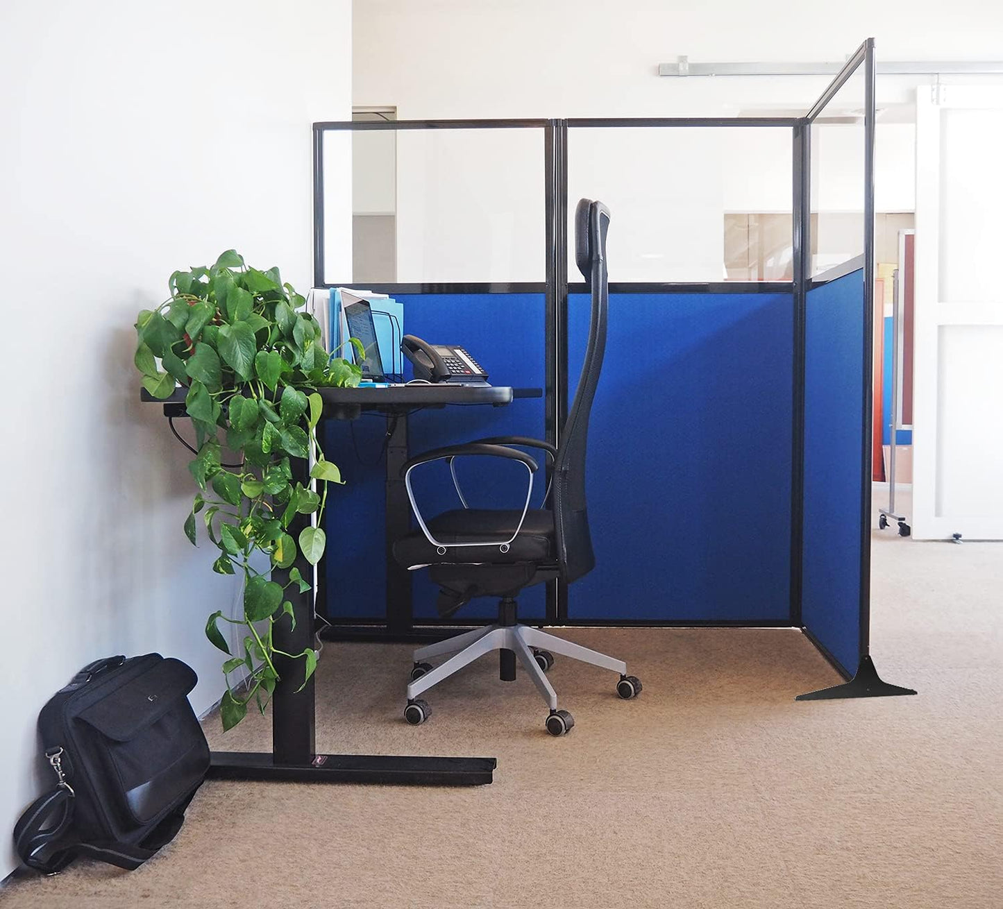 Versare Workstation Partition | Portable Wall Divider | Modern Office Cubicle | Free Standing Privacy Screen | Flexible Work Space | 33" x 70" W/Window, Navy Blue Fabric Panels