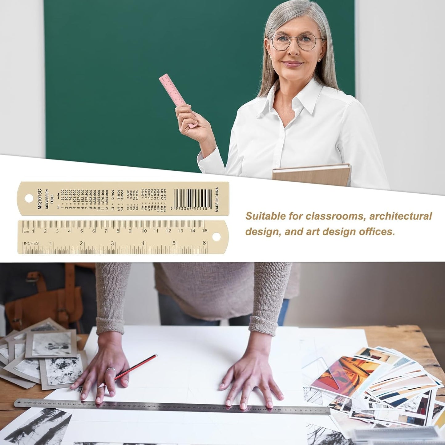 HARFINGTON 2pcs Metal Straight Ruler 15cm Metric SAE Aluminum Alloy Measuring Rulers Scale Tool with Hole for Measure Study Reading Classroom Office, Beige