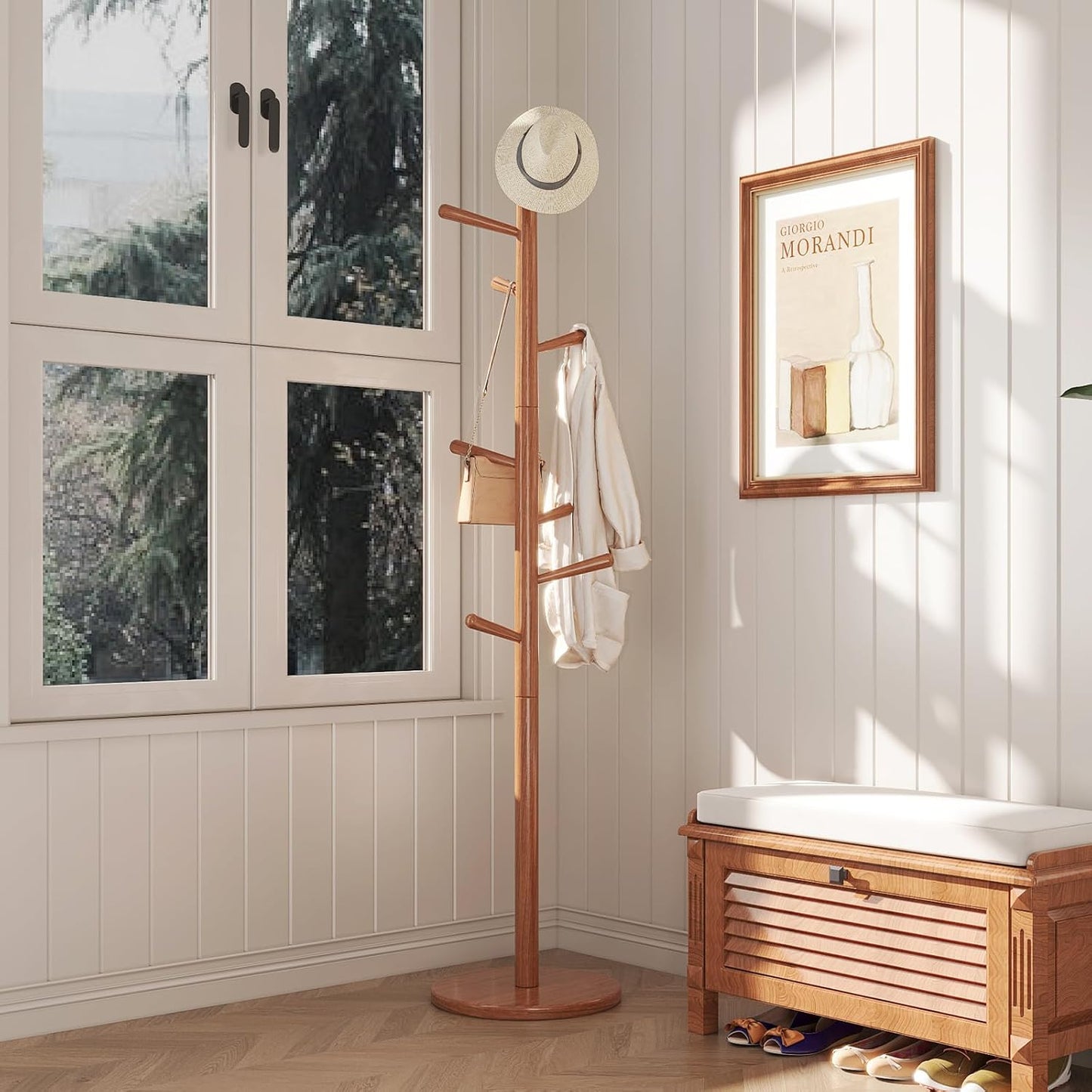 Uniclinens Coat Rack Freestanding Solid Wood Coat Tree Standing with 8 Hooks, Coat Rack Stand Creative Tree Branch-Look (Teak)