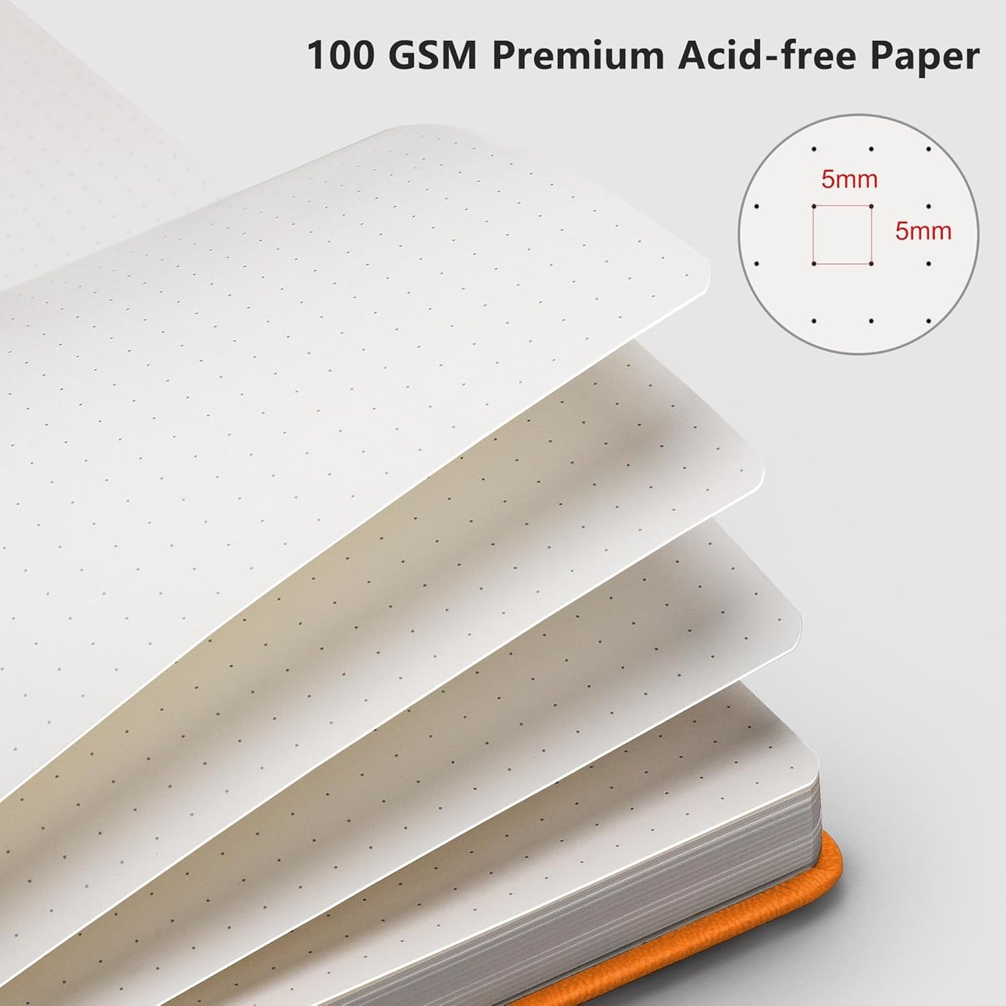 RETTACY Bullet Dotted Journal Notebook, 192 Pages, A5 Medium Size (5.7'' x 8.3''), Leather Hardcover, 100 GSM Thick Paper, for Bullet Journaling, Planning, Tracking (Orange)