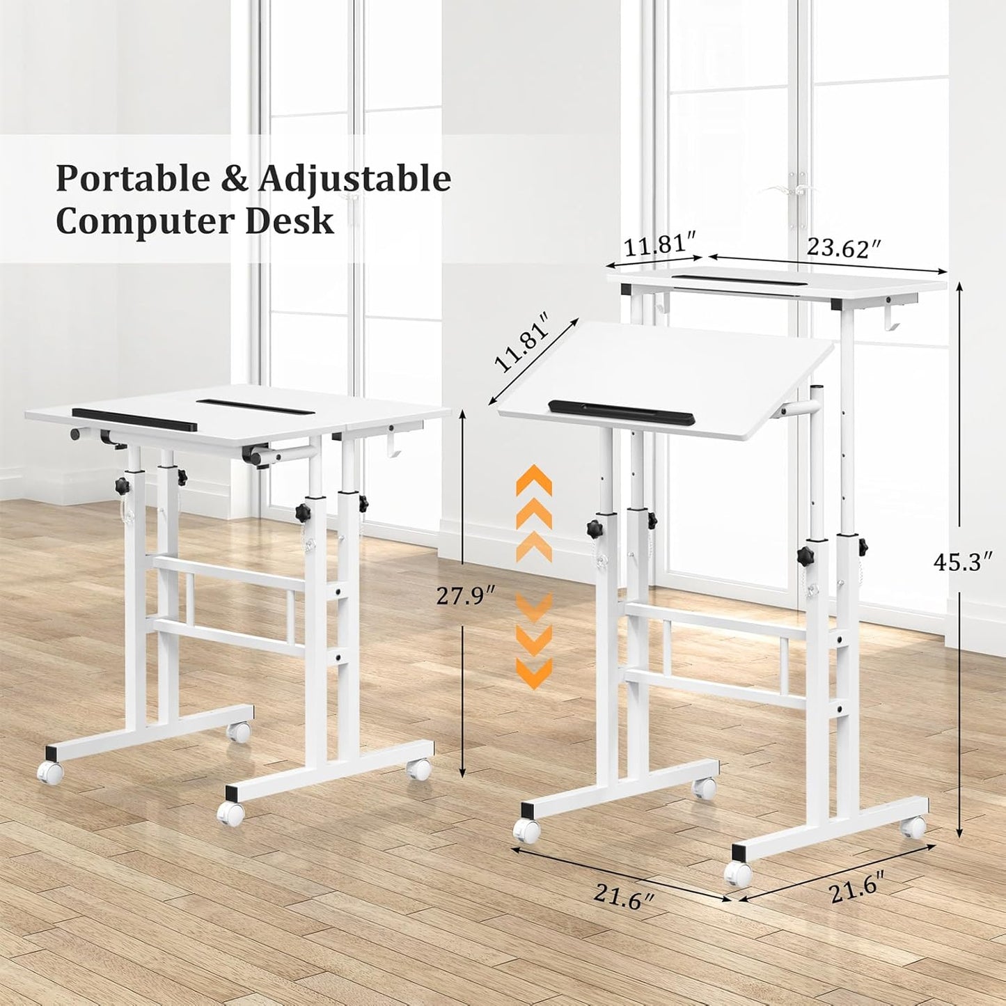 Small Standing Desk with Wheels, Mobile Stand Up Desk, Portable Standing Table on Wheels for Walking Pad, Rolling Computer Desk Adjustable Height, Tall Table