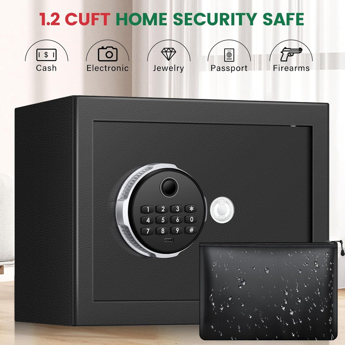 Smart Biometric Safe Box, 1.2 Cuft Fingerprint Home Safe with Digital Keypad and Spare Keys, Safety Box for Money, ID Documents, Jewelry & Valuables Home, Office, Hotel Use