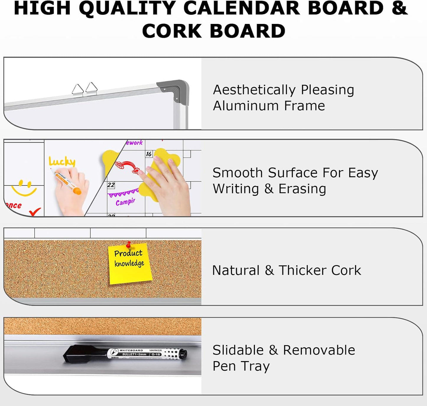 EAONE Magnetic Whitboard Calendar for Wall, Double Sided Dry Eraser Board Combo with Aluminum for Office, School, Home Kitchen (Silver, 36" x 24")