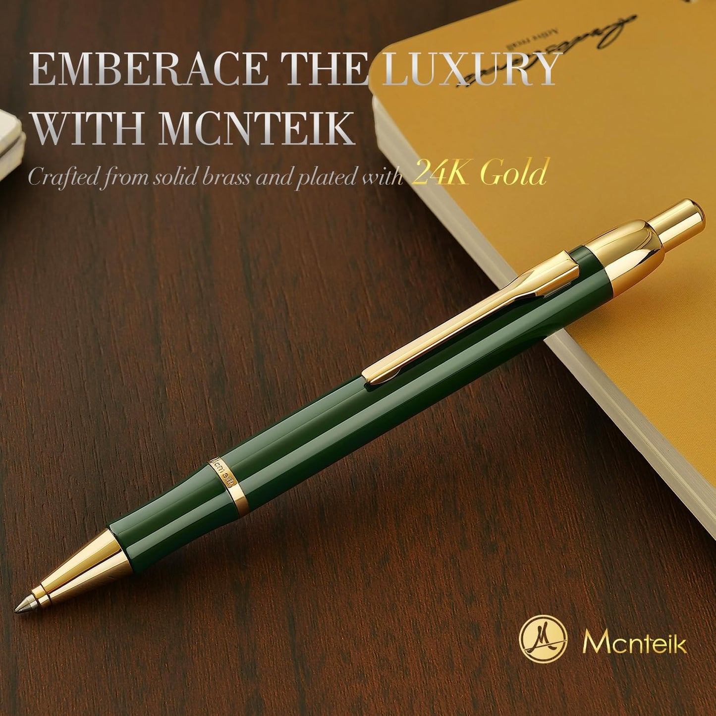 Green lacquer Gel Pen With 24K Gold Finish, Retractable, Gift Pen Set, Black Ink Refill, Professional, Elegant, Writing, Executive, Nice Fancy Designer Pens, Perfect for Men and Women