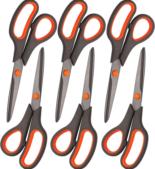 Scissors, Rkqoa 8" All Purpose Titanium Scissor Set of 6 Pack - 2.5mm Thick Sharp Scissors Bulk for Office School Sewing Craft Supplies, Classroom Must have, Teacher/Class Shears, Right/Left Handles