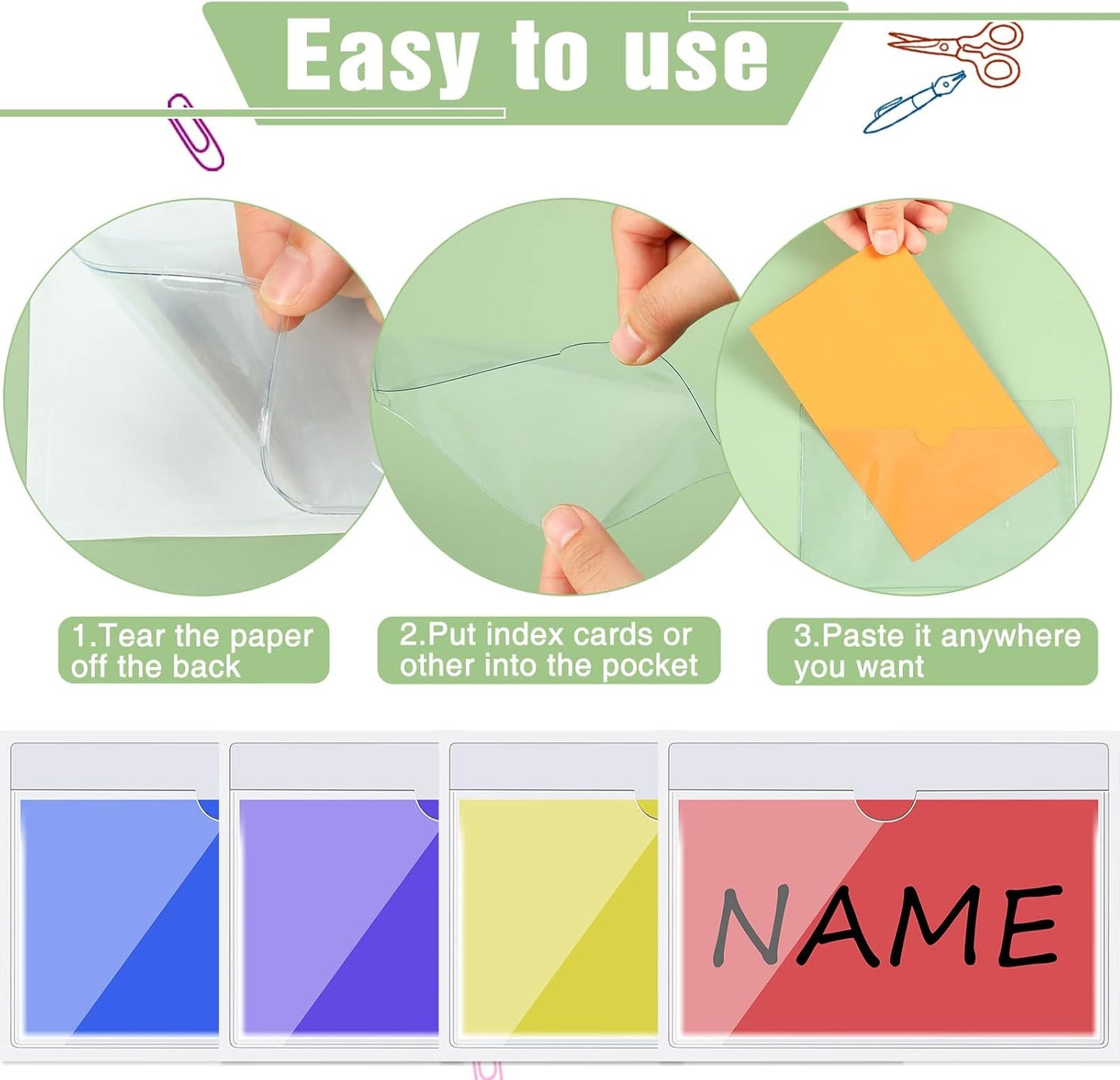 Chinco 50 Pack Clear Adhesive Pockets, Labels for Storage Bins, Plastic Self Adhesive Index Card Holder with Top Open for Organizing Bins Box Drawer(3.7 x 5.3 Inches)