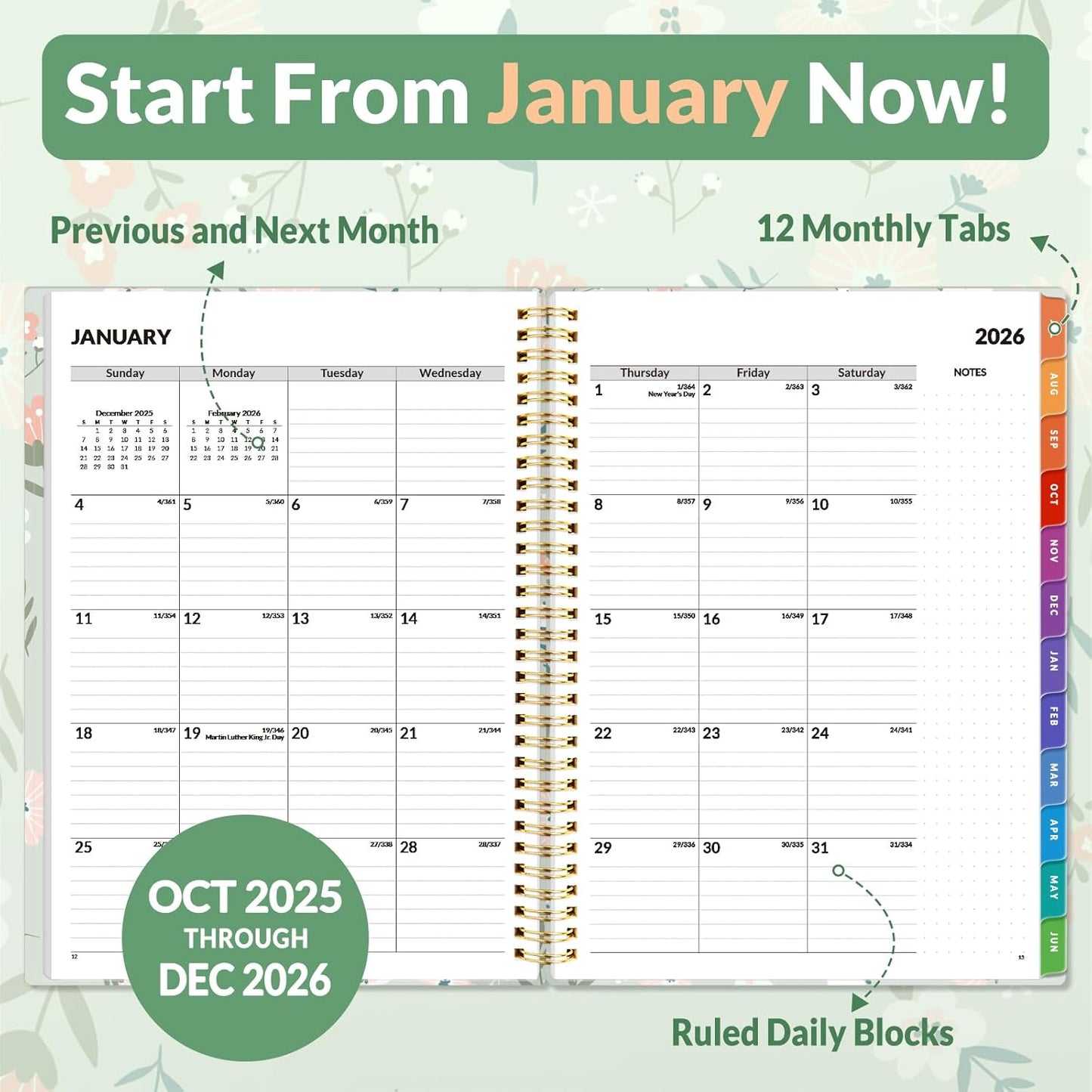 SUNEE 2026 Weekly and Monthly Planner - from January 2026 - December 2026, 8.5"x11" Daily Agenda Planner with Monthly Tab, Flexible Cover, Note Pages, Pockets, Bookmark, Green Wildflowers