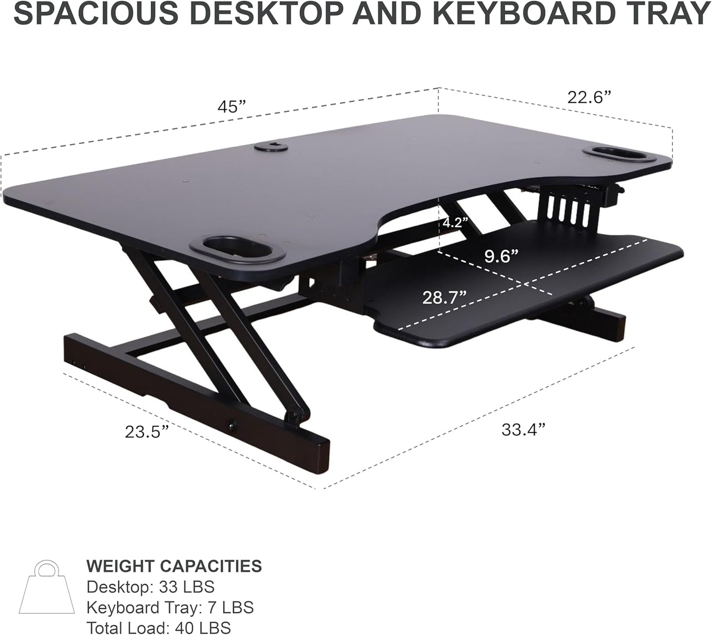 Rocelco 45" Height Adjustable Standing Desk Converter with Anti Fatigue Floor Mat and Slide Out Retractable Keyboard Tray - Sit Stand Up Triple Screen Tabletop Riser - Black (R ADRB-45-MAFM)