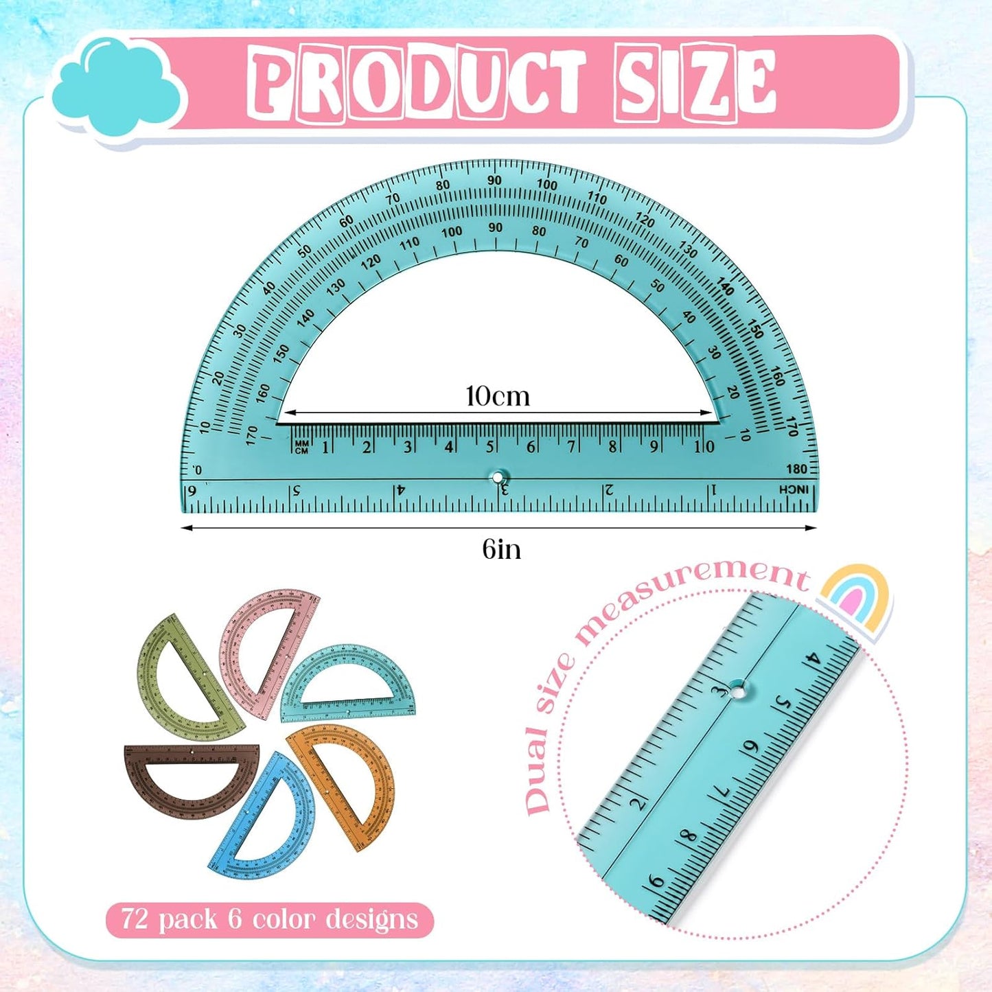 72 Pcs of Colorful Plastic Protractors 180 Degrees 6 Inches Mathematical Protractor Translucent Geometric for Learn Office Measurement Drawing