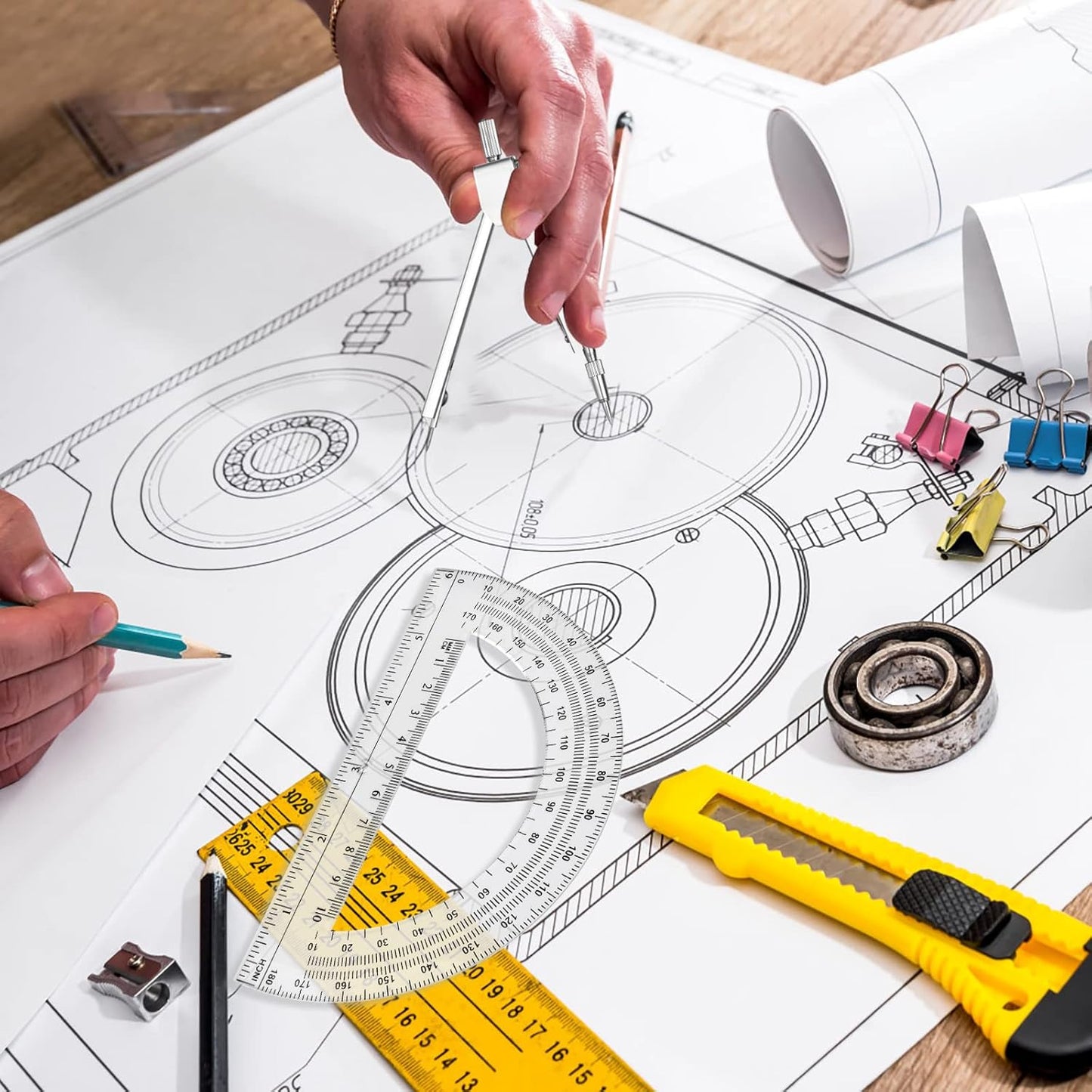 6 Sets Compass and Protractor Sets Student Basics Geometry Math Set Metal Compass and 6 Inch 180 Degree Protractors Geometry Graphing Drawing Tools for Office and School Supplies(Clear)