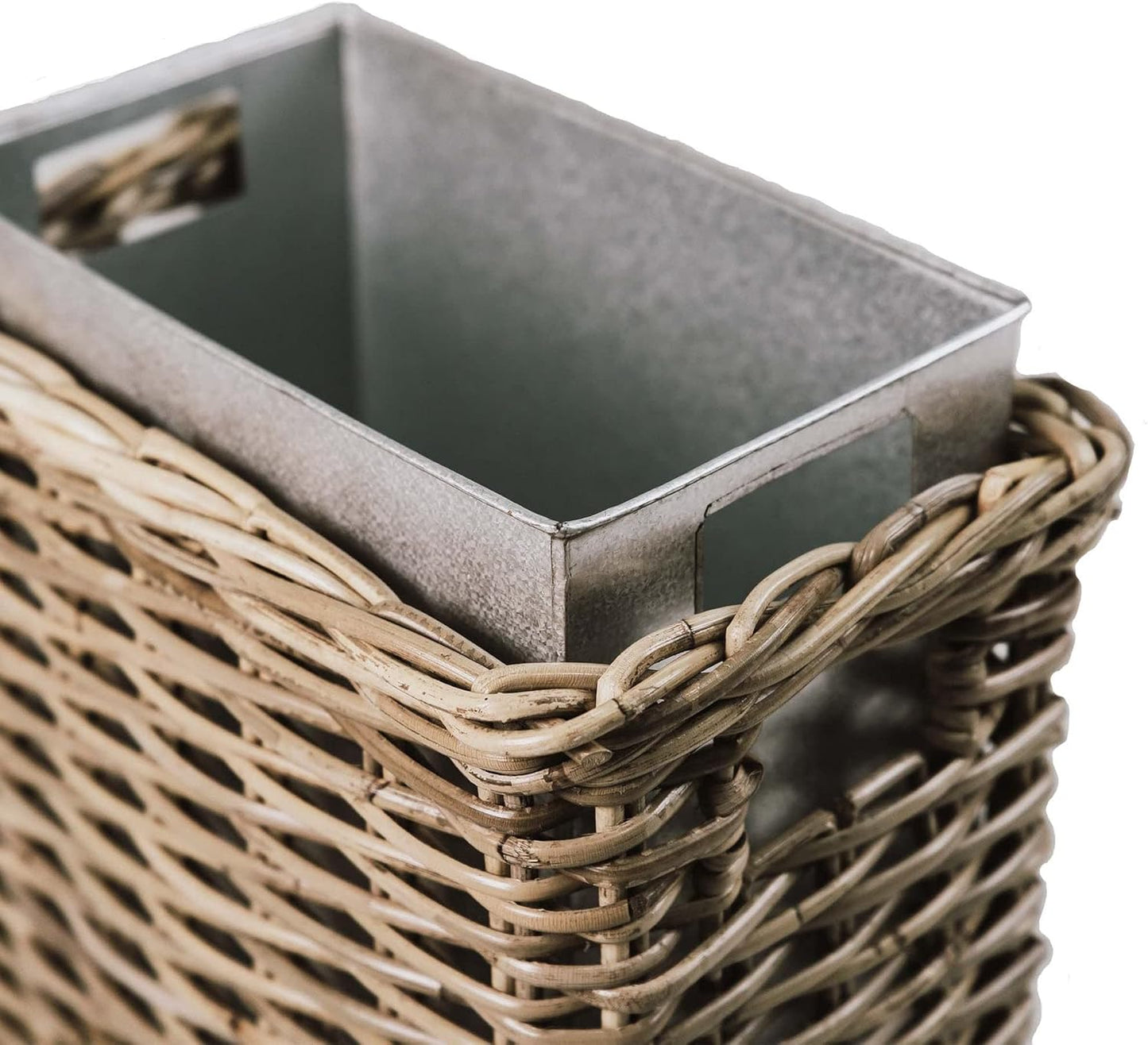 The Basket Lady Large Rectangular Kubu Wicker Waste Basket with Metal Liner, 14.5 in L x 9 in W x 18 in H, Serene Grey