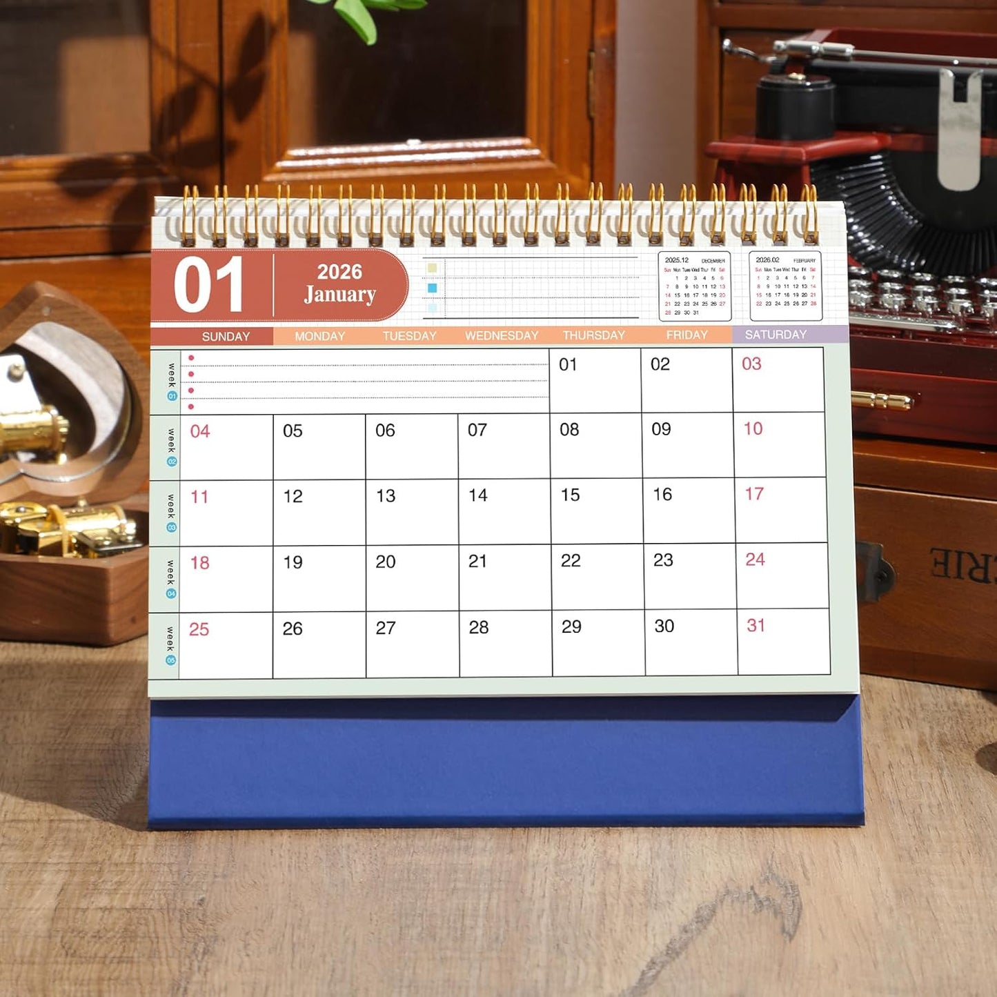 Small Desk Calendar 2025-2026, Standing Flip Desktop Calendar from July 2025 to December 2026 - Metal Ring Twin-Wire Binding Monthly Desktop Calendar for Home Office School (Blue)