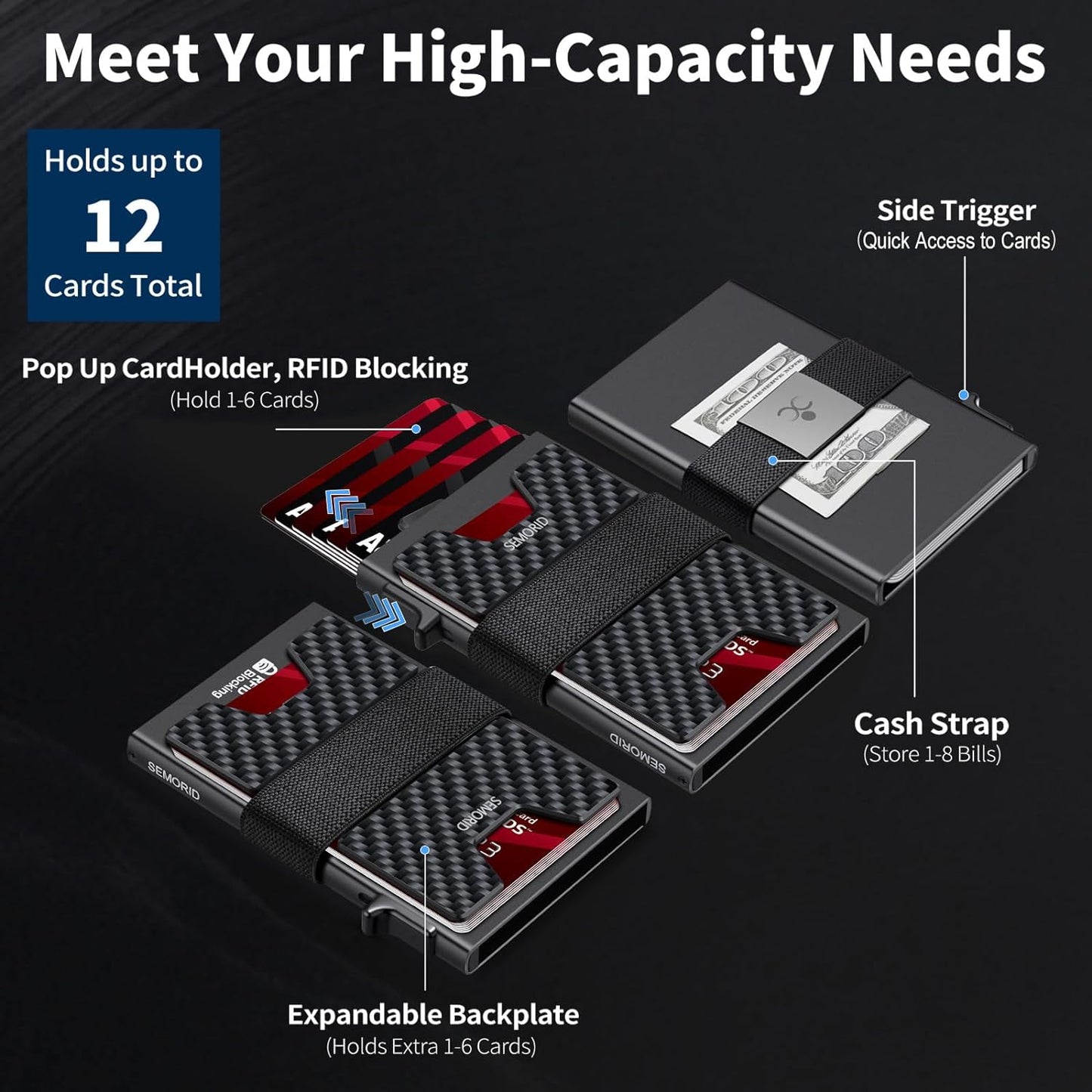 Slim Wallet for Men, Minimalist RFID Blocking Mens Wallet with Pop Up Case, Thin Metal Credit Card Holder with Cash Strap & Expandable Backplate - Holds 12 Cards