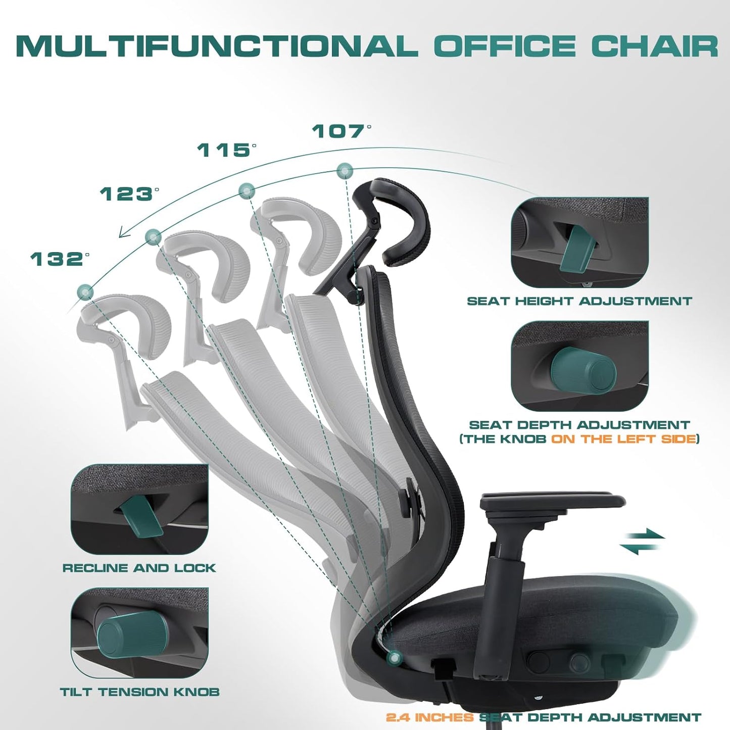 COLAMY Ergonomic Mesh Office Chair,High Back Computer Executive Desk Chair,Lumbar Support with Adjustable Headrest and 4D Arms, Slide Seat, Tilt Lock-Black