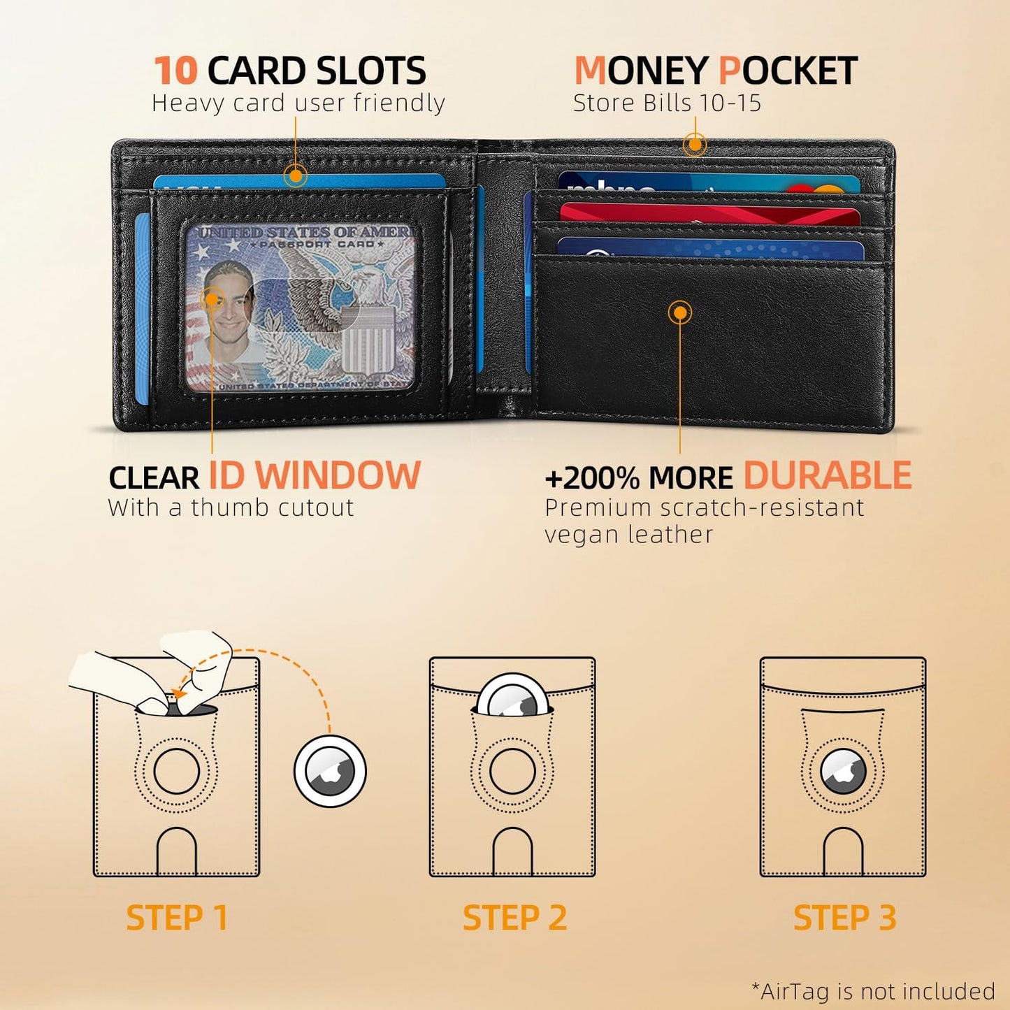 RUNBOX AirTag-Wallet-Mens-Slim-RFID Blocking Wallets Leather with Bill Compartment Air Tag Bifold Card Holder Wallet Gifts for Men Dad