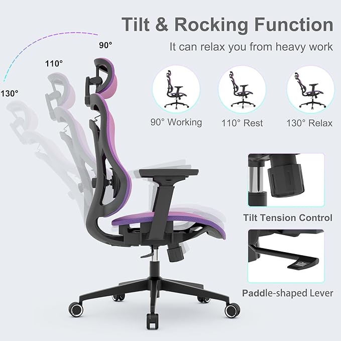 Ergonomic Mesh Office Chair, Gradient Purple Desk Chair with 3D Armrests, Adaptive Thoracic Support, 3D Lumbar Support & Adjustable Headrest, high Back Home Swivel Computer Chair with Tilt Function