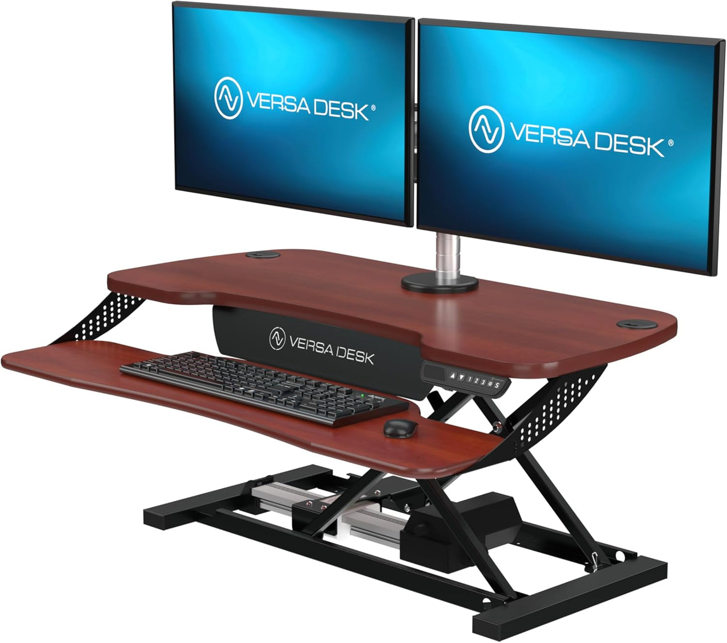 VERSADESK® PowerPro™ Elite 36” x 24" – App Controlled Electric Standing Desk Converter w/USB Charging Port. Raises up to 20”. Fully Assembled – Includes LED Lights. Supports 80 lbs. – Cherry