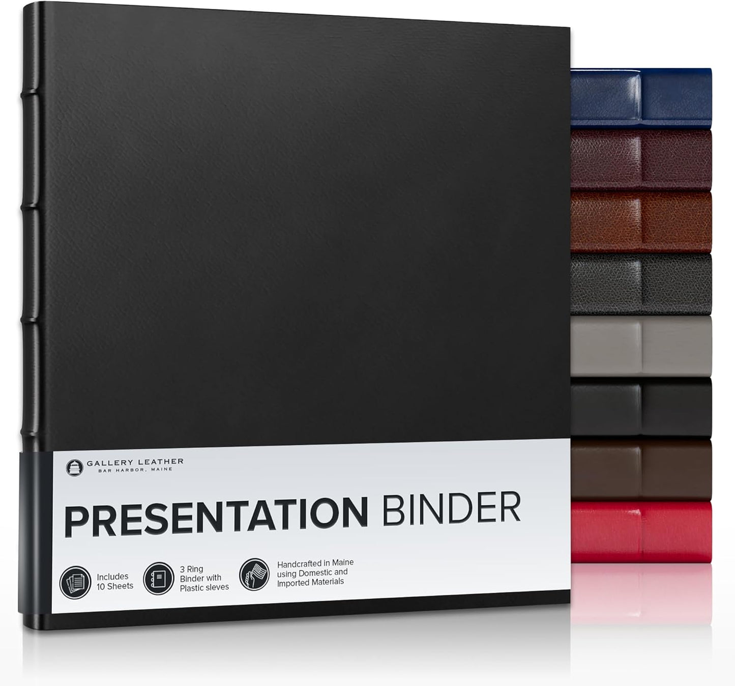 Gallery Leather 3 Ring Binder with Plastic Sleeves, Includes 10 Sheets, Sheet Size: 8.5" x 11" - Presentation Binder Rings with Hubbed Spine, Thick: 1.25" Freeport Black