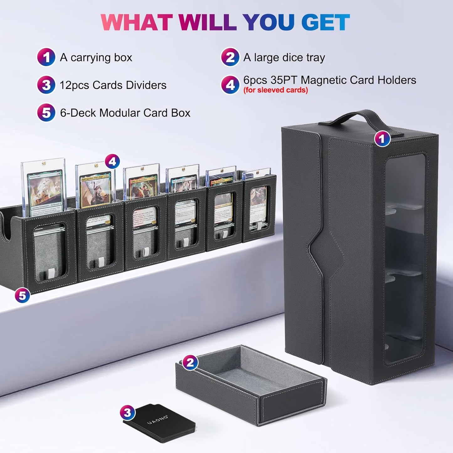 Commander Deck Box for MTG, 6-Deck Modular Card Case with Dice Tray Holds 600+ Double-sleeved Cards, Removable Trading Cards Storage Box with 35PT Magnetic Card Holders for TCG, Black Grey