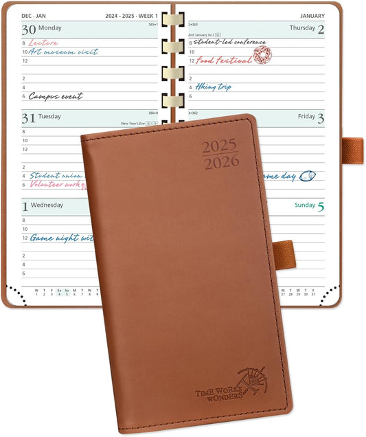 POPRUN Pocket Planner 2025-2026 (Slim Size 3.5'' x 6.5'') Academic Purse Calendar (July 2025 - June 2026) with Hourly Time Slots, 100GSM Thick Paper, Spiral Soft Cover - Brown
