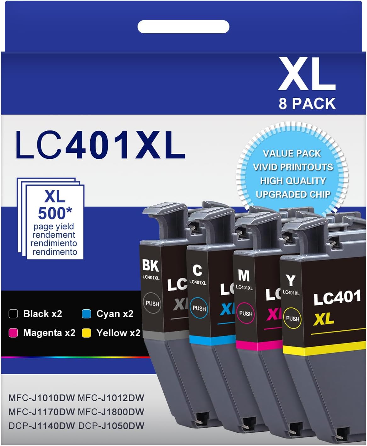 LC401XL LC401 High Yield MFC-J1010DW Ink Cartridges 8-Packs Compatible for Brother 401XL LC-401 Ink Cartridges Work with MFC-J1010DW J1170DW J1012DW J1800DW (2 Black, 2 Cyan, 2 Magenta, 2 Yellow)