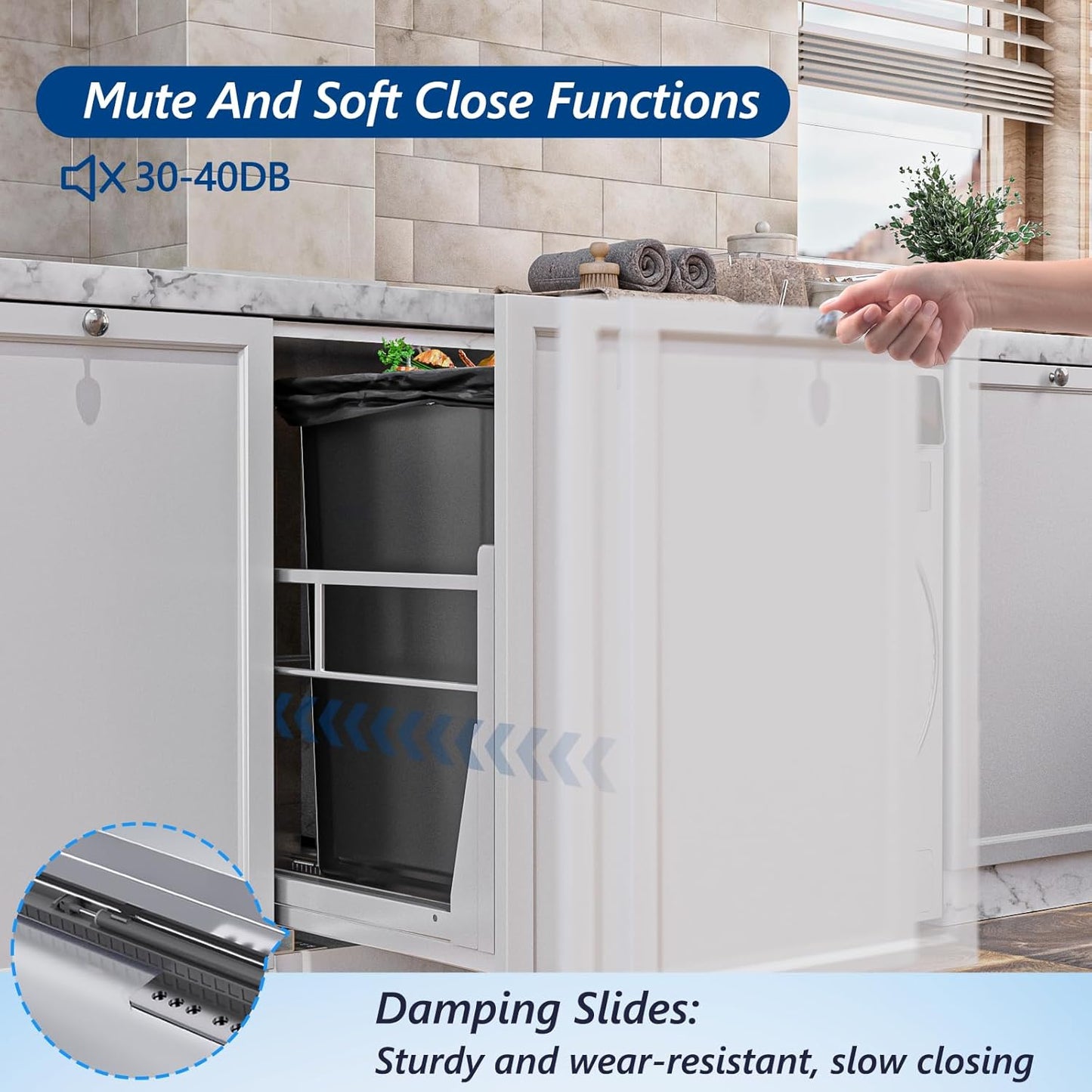 Insputer 8 Gal Pull Out Trash Can Under Cabinet, Heavy Duty Under Sink Garbage Can Kit with Soft-Close Slides for Kitchen, Laundry, Requires Minimum Cabinets Opening 12" W X 18" D