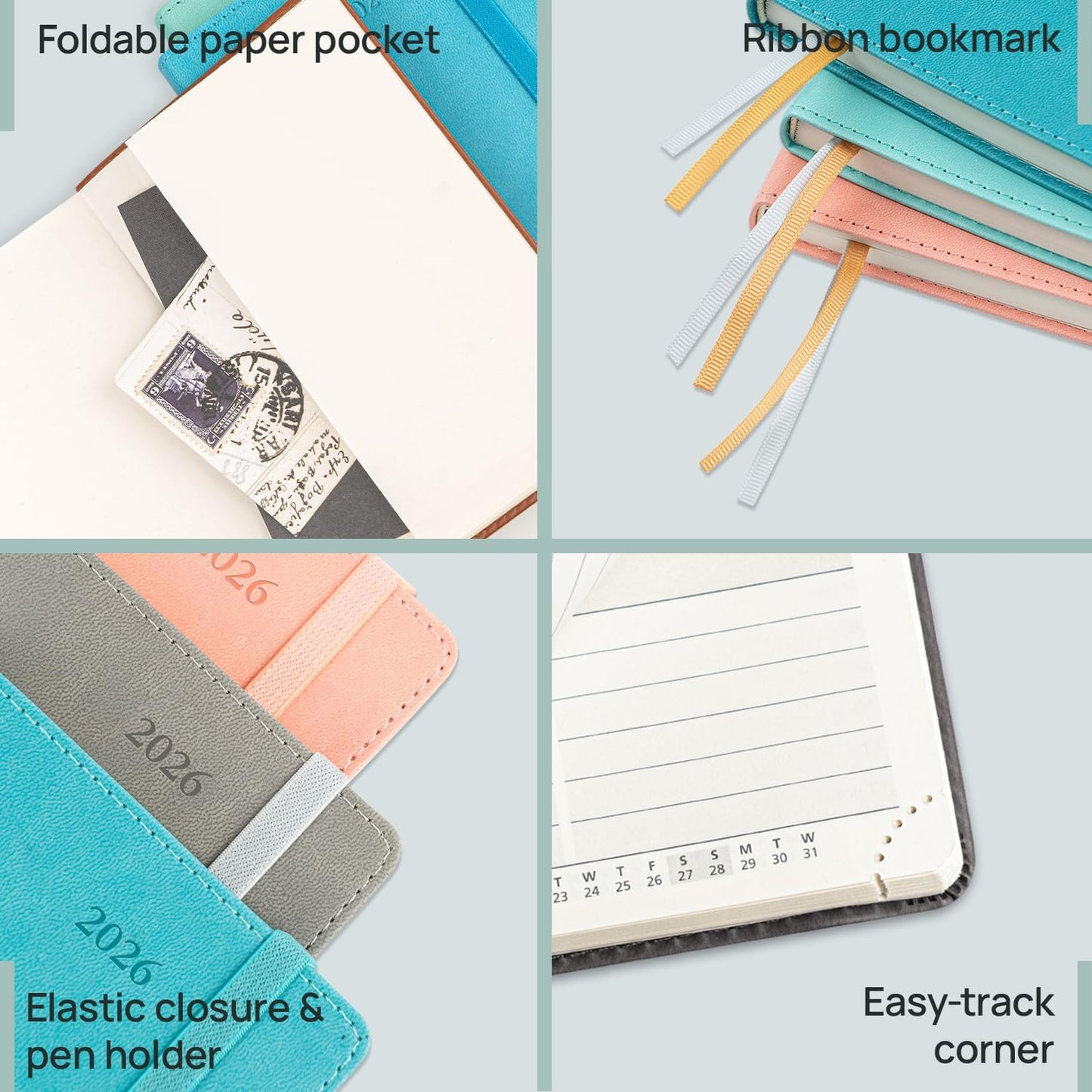 POPRUN Daily Planner 2026 (Jan - Dec), (Purse Size-4.25" x 6.25") 2026 Daily Calendar with One Page Per Day Even Weekends, Hourly Appointment Book with Pocket, PU Leather Softcover - Brown