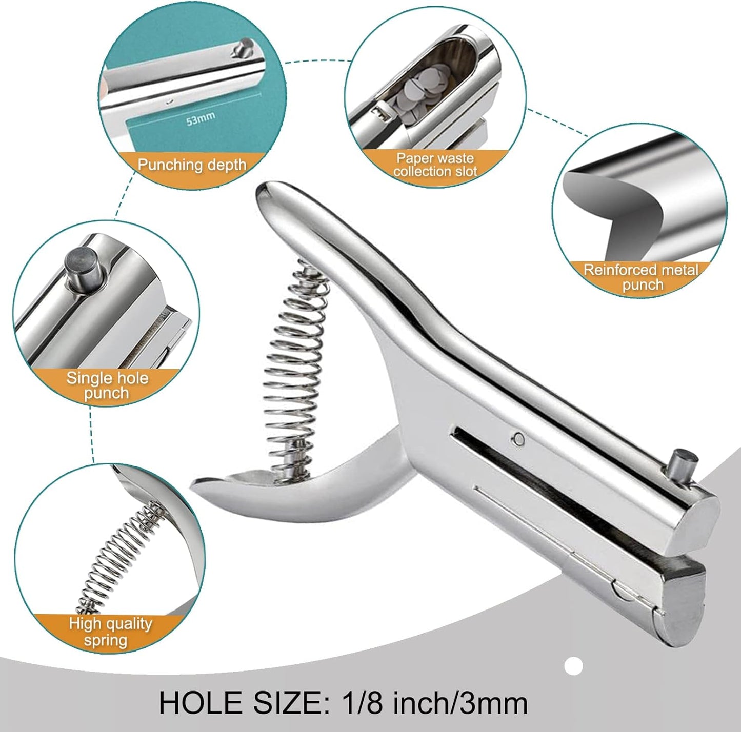 1/8 Inch Single Hole Punch - 2 Inch Reach Deep Throat Heavy Duty Paper Punch - Portable Hand Held Long Reach for ID PVC Cards Plastic Cardboard Photos