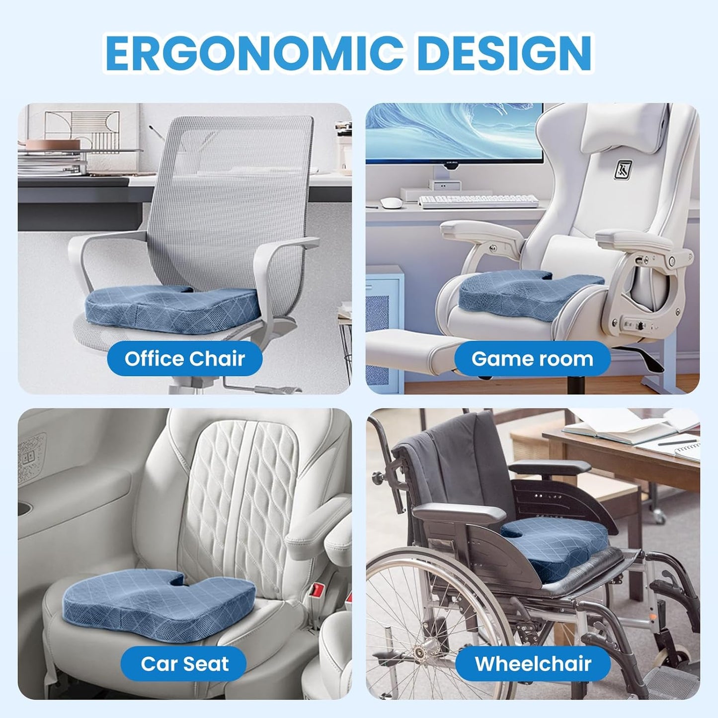 TushGuard Office/Car Seat Cushion, Non-Slip Sciatica & Back Coccyx Tailbone Pain Relief Chair Pad, Memory Foam Butt Pillow for Computer Desk, Wheelchair, Driving (Light Blue, X-Large)