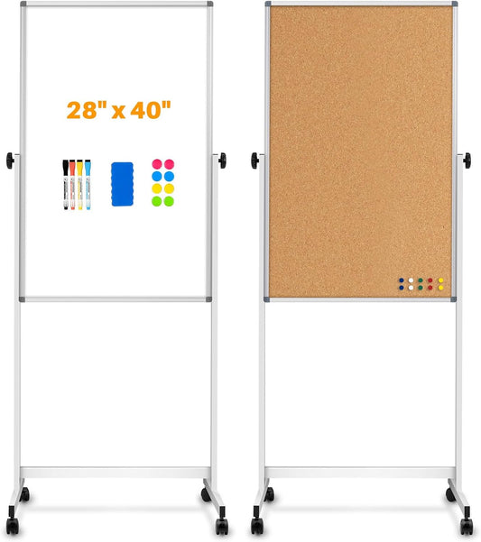 [15 Sq/ft] Large Rolling Whiteboard & Corkboard Combo with Stand, 28"x40" Reversible Double-Sided White Board Cork Board Combination, Mobile Dry Erase and Bulletin Boards on Wheels