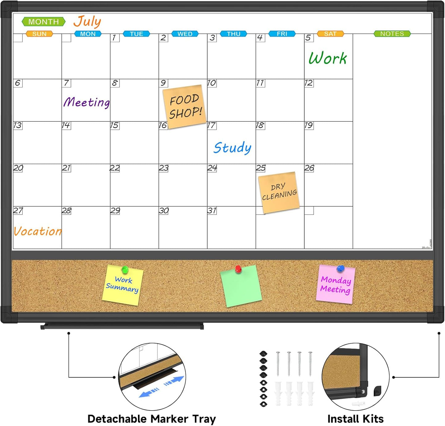 JILoffice Magnetic Calendar Whiteboard & Bulletin Corkboard Combination, Combo Board 24 x 18 Inch, Black Aluminum Frame Wall Mounted Board for Office Home and School with 10 Push Pins