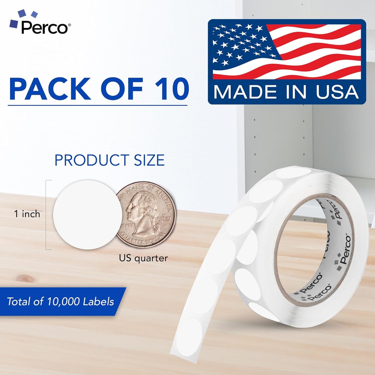 Perco Clear 1-Inch Perforated Circle Dot Sticker Labels — 10 Rolls, 10,000 Round Stickers — with Permanent Adhesive for Inventory Management, Color Coding, Garage Sales, Crafts—Made in USA
