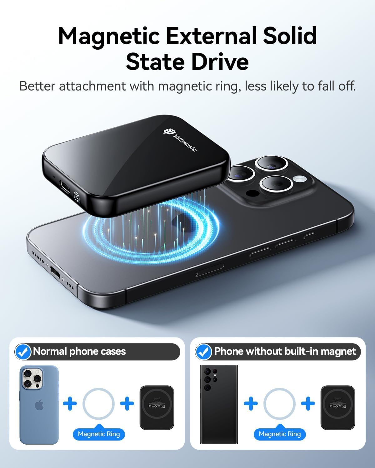 Yottamaster 2TB Magnetic External SSD, Up to 2000MB/s USB 3.2 Gen 2x2 Portable Solid State Drive, Supports 4K ProRes HDR Compatible with iPhone 16/15 Pro Max, Smartphone, Tablet, Laptop - PF20