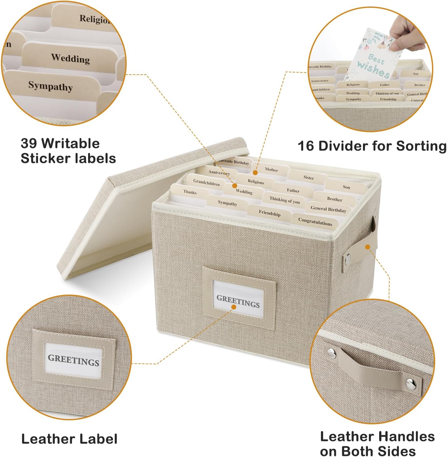 Greeting Card Organizer Box with 16 Dividers,Collapsible Greeting Card Storage Box with Handles Hold 150+ Cards,Greeting Card Holder for Greeting Cards,Sticker, Recipes, Photo, Envelope (Beige, 2 pcs)