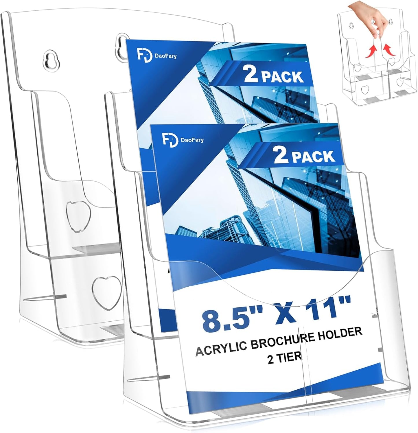 2 Pack Acrylic Brochure Holder 8.5 x 11 in, 2 Tier Brochure Display Stand with Removable Divider for 4 x 9 in Trifold Pamphlets, acrylic flyer holder 8.5 x 11 Stands for Flyer, Pamphlet, Magazine