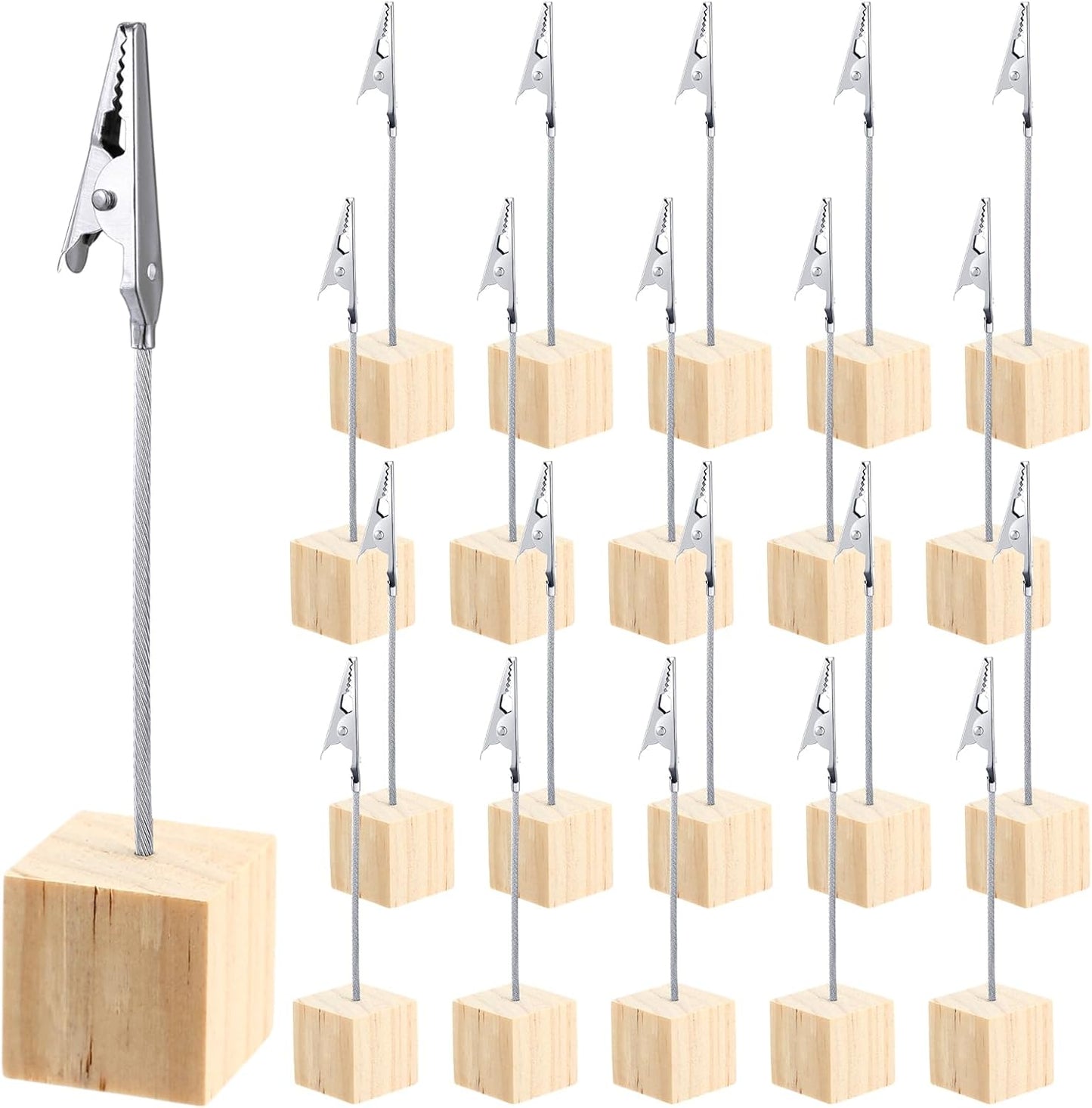 20 Pcs Cube Base Memo Clip Holder with Alligator Clip Wood Table Number Holder Cube Base Place Card Stand Mini Photo Menu Stand for Displaying Number Card (Light Wood Color)