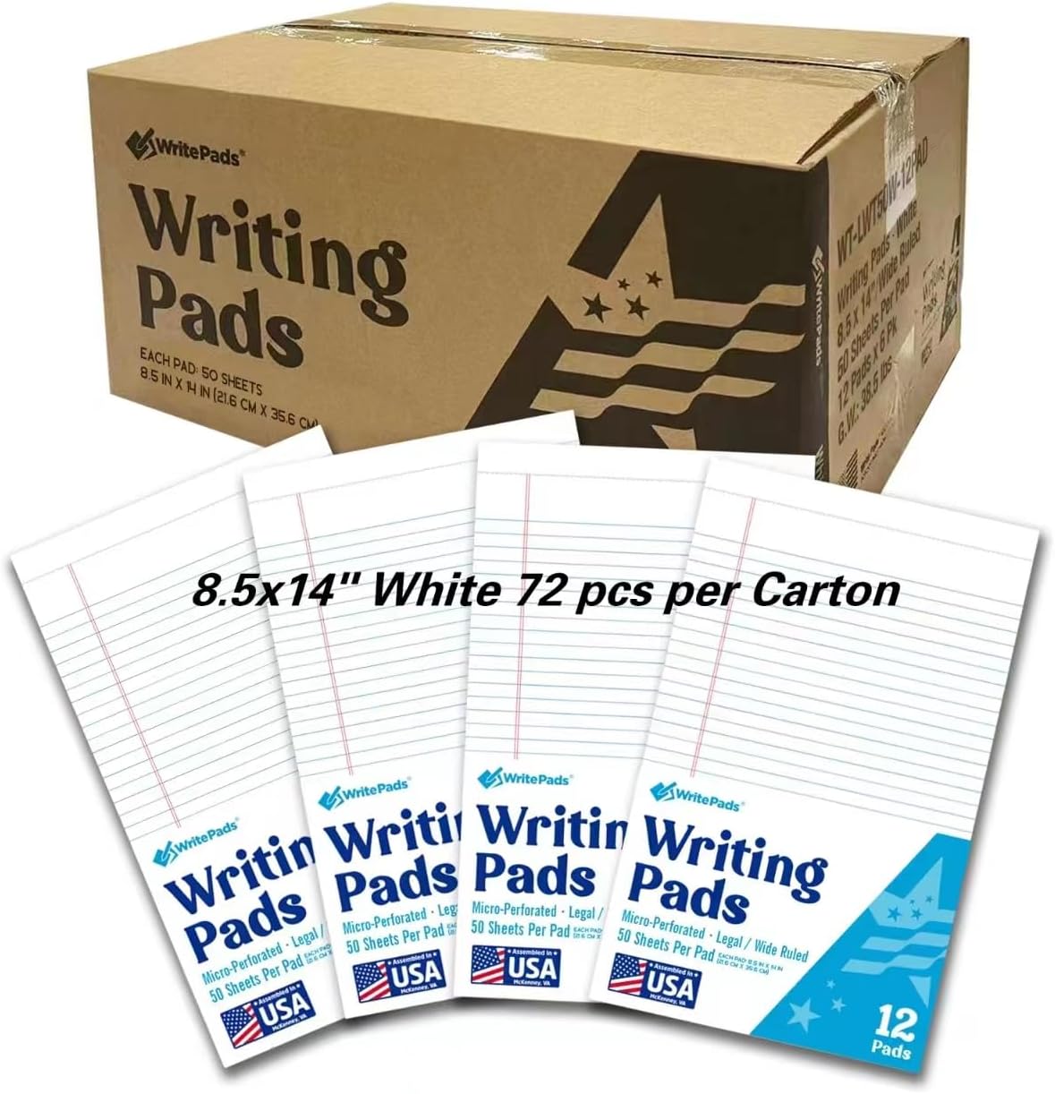 KAISA Legal Pads Note Pads 8.5"x14" Wide Ruled, 50 sheets Perforated Writing Pad, White Pack of 72 Pads, Made In The USA.