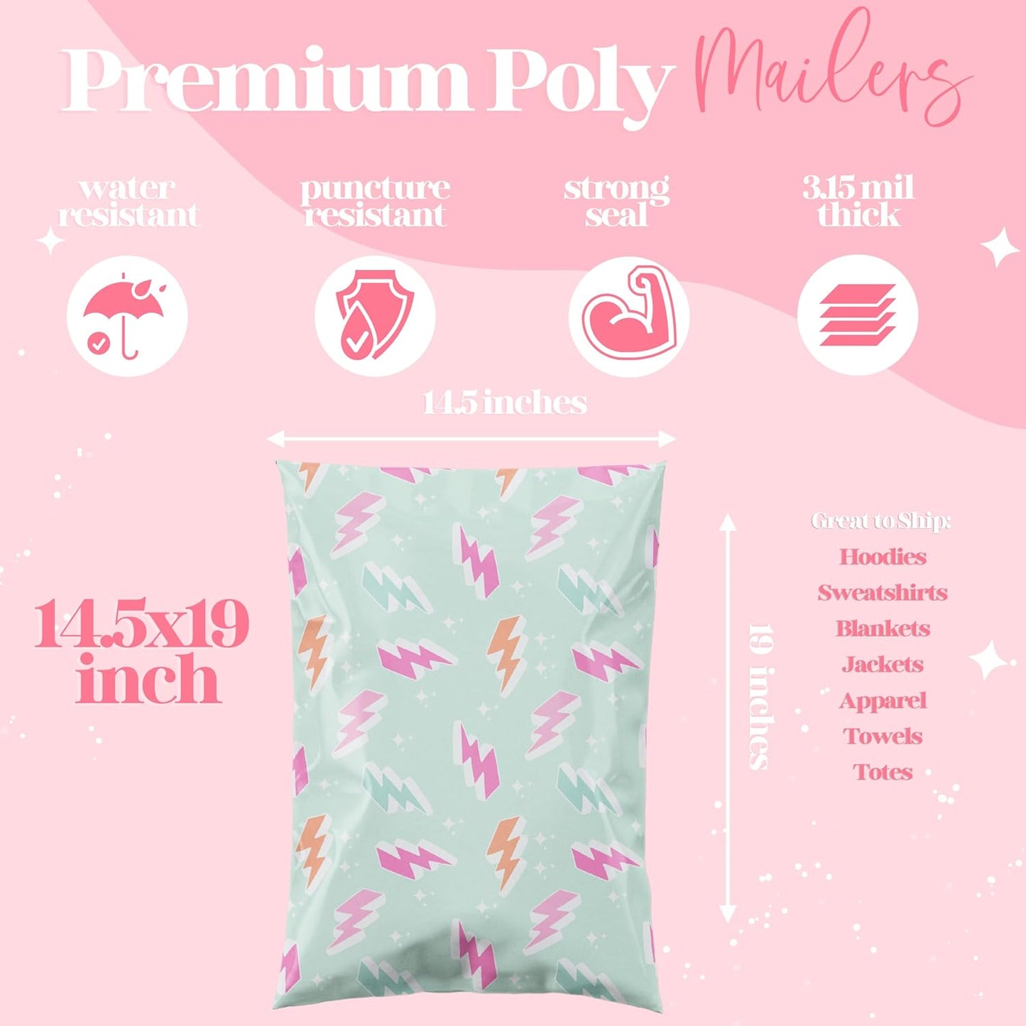 14.5x19 Designer Poly Mailer 100 Pack Heavy Duty Waterproof Self Seal Shipping Bags for Small Business Large Mailing Envelopes Bulk Tear Resistant Cute Packaging Lightning Bolt