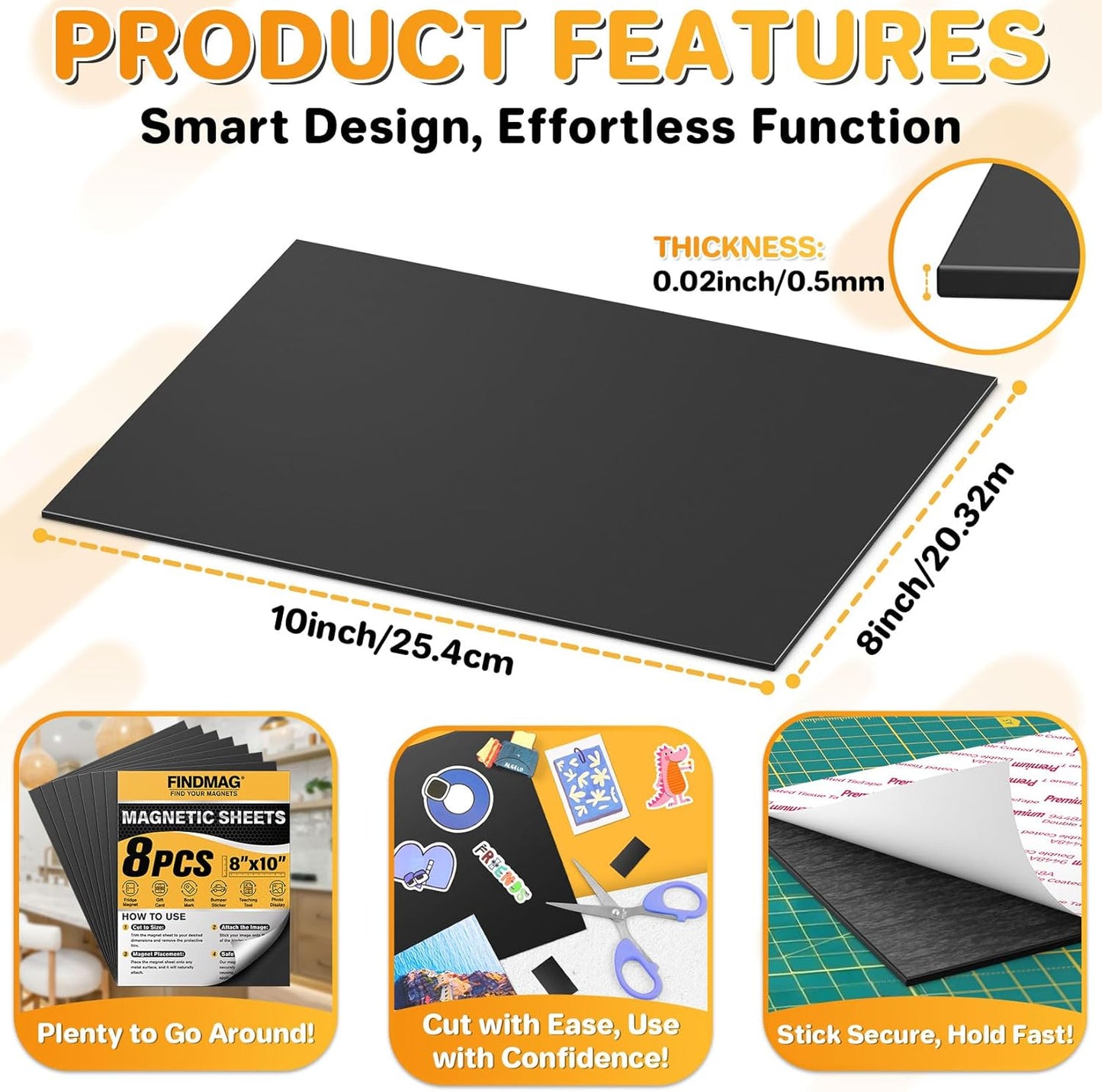 FINDMAG Magnetic Sheets, Flexible Magnets with Superior Adhesive Backing, Cut & Customize Magnet Sheet Set for Creating Magnetic Photo, Crafting, Organizing, and DIY Projects - 8 Pack (8" x 10")