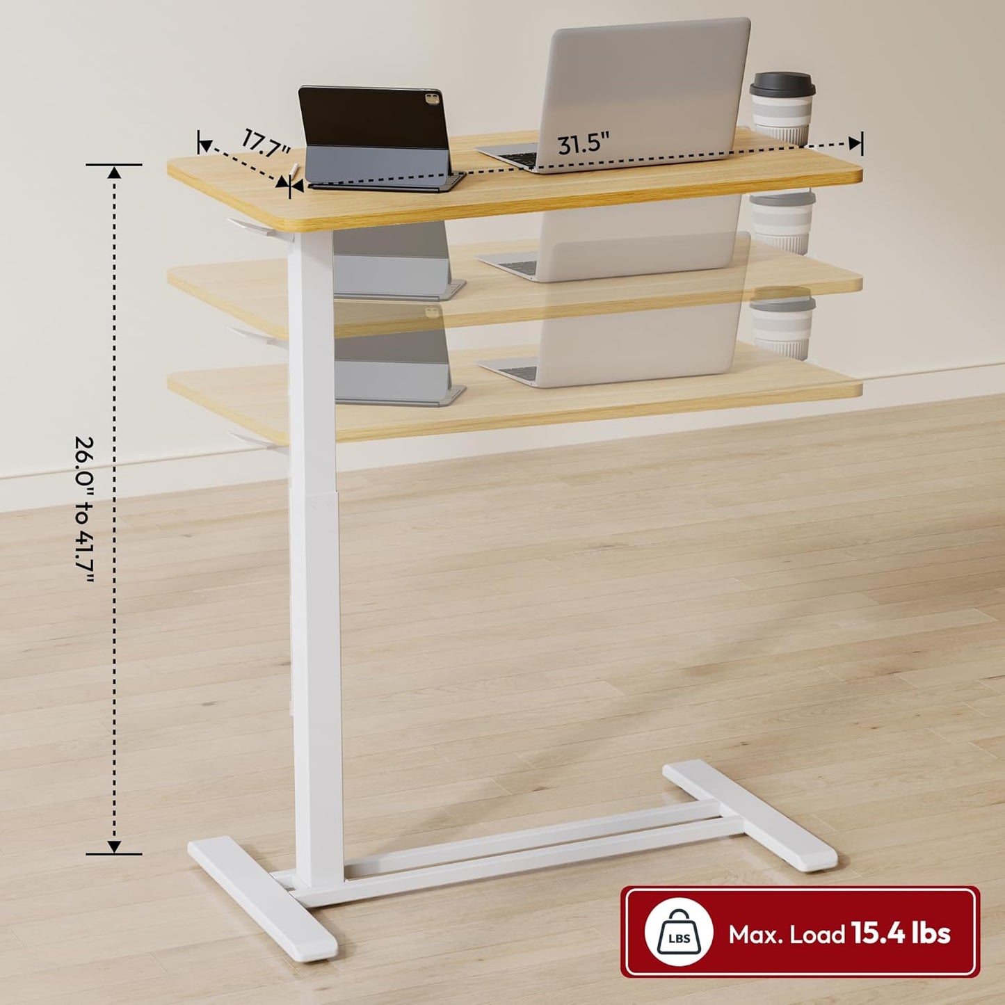 SANODESK Mobile Standing Desk with Hidden Wheels,Pneumatic Laptop Desk Rolling Computer Cart Movable Height Adjustable Small Sit Stand Desk for Home Office(31.5" W x 17.7" D,Maple)