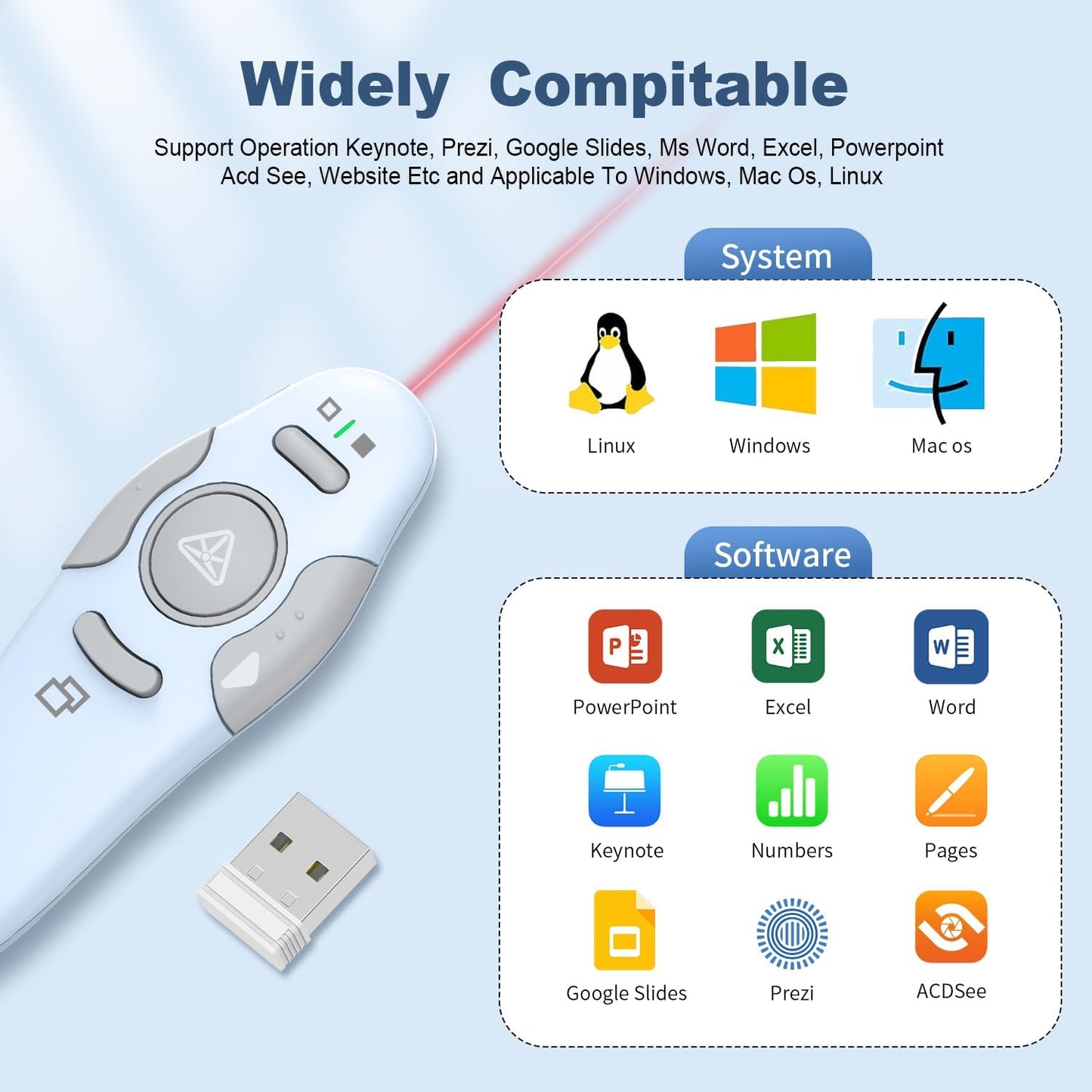 QUI Presentation Clicker Wireless Presenter Remote Clicker for PowerPoint Presentation Remote, PowerPoint Slide Advancer for Mac/Windows/Linux, Google Slide/PPT/Keynote, USB, Blue