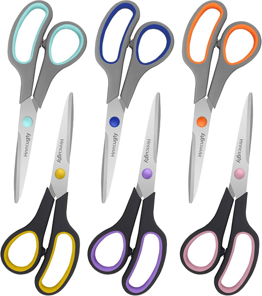 Scissors for Office School Supplies, Hnncugty 8" Scissors All Purpose Bulk Set of 6-Pack, Sharp Shears for Home Craft Sewing Fabric Middle School Student Teacher Supplies, Comfort Right/Left Handed